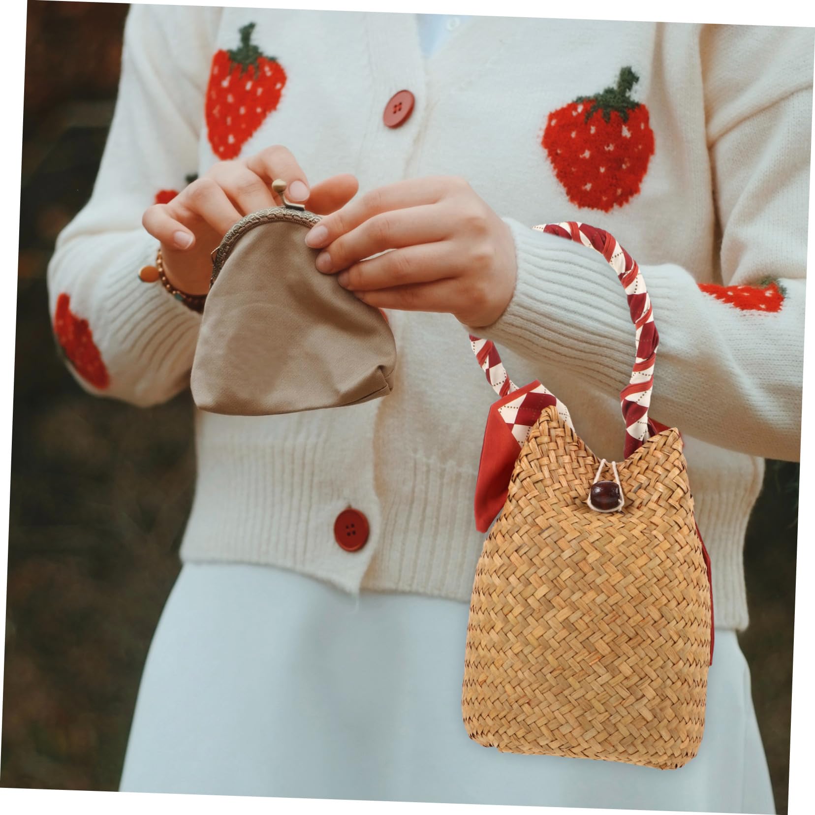 Hemobllo Bolsa de Paja Tejida Mano Bolso de Mano para Mujer Bolso Bohemio de Paja para Playa de Verano para Mujer