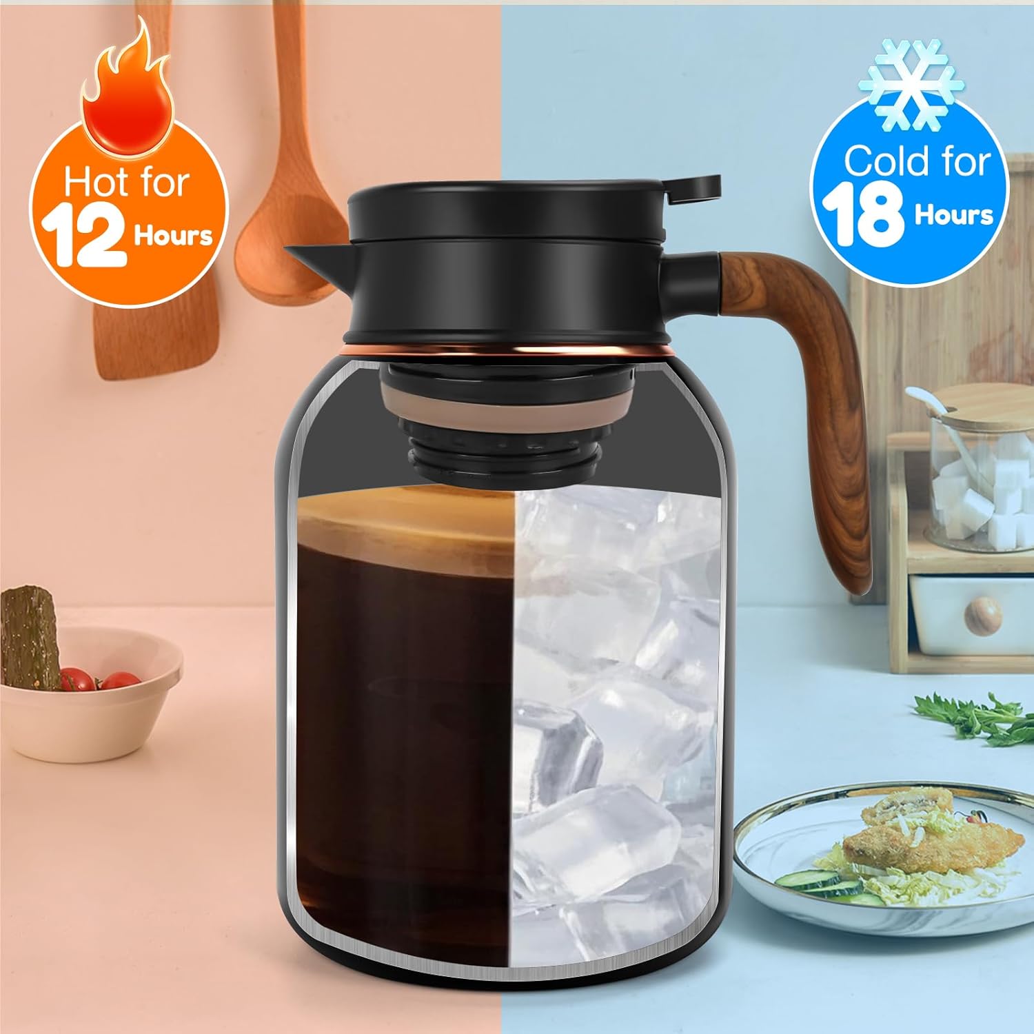 68oz Thermal Coffee Carafe, Stainless Steel Vacuum Insulated, Carafes for Keeping Hot, Large Carafes for Hot Coffee, Tea, Cold Brew, Cappuccino(Black)