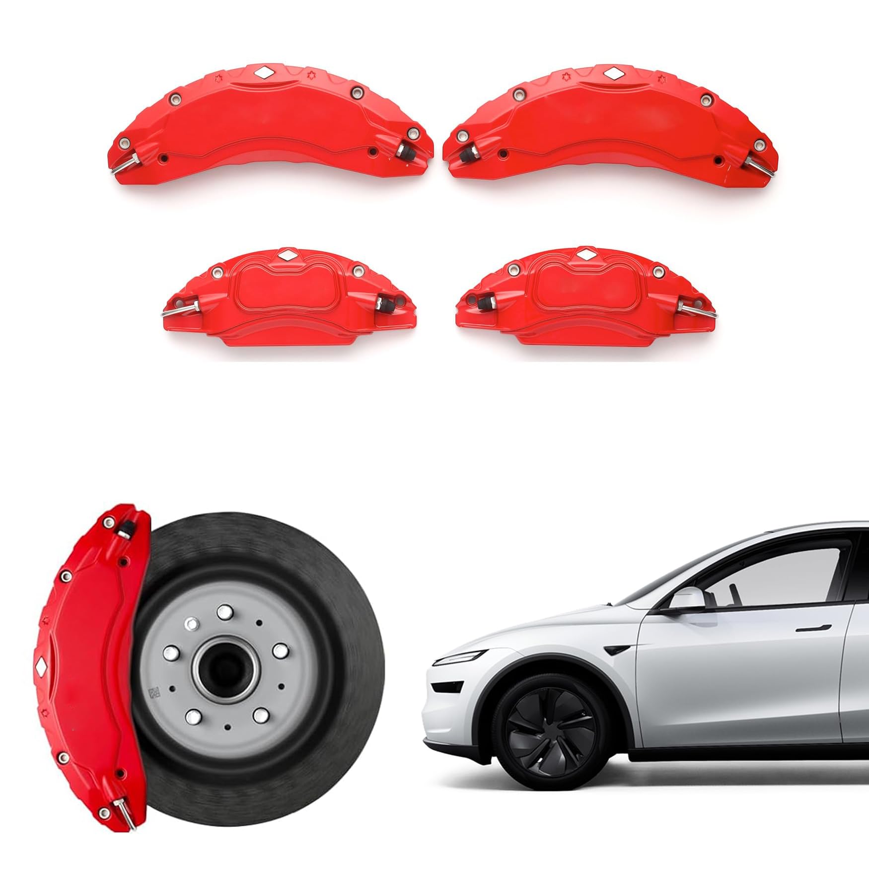 Photo 1 of Caliper Covers for Compatible with for Tesla Model Y Juniper Accessories, 2025 2026 19 20 Inch Wheel Hub Front and Rear Brake Caliper Covers - Red Front and Rear Brake (Model Y Juniper2025-new)