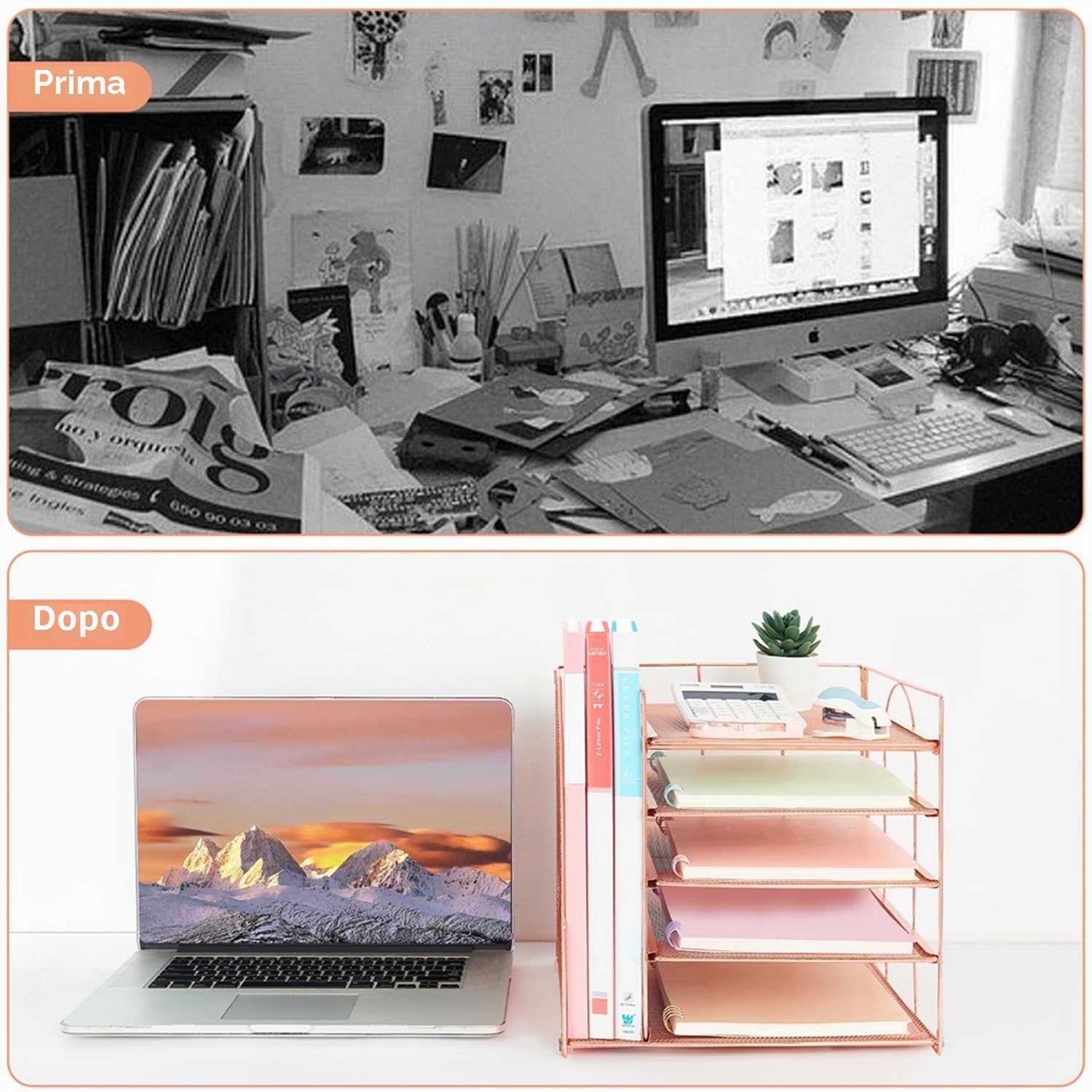 LEKETREE Organizer da scrivania con vassoio per lettere a 5 livelli e porta documenti, accessori da scrivania per forniture per ufficio e spazio di lavoro (oro rosa)