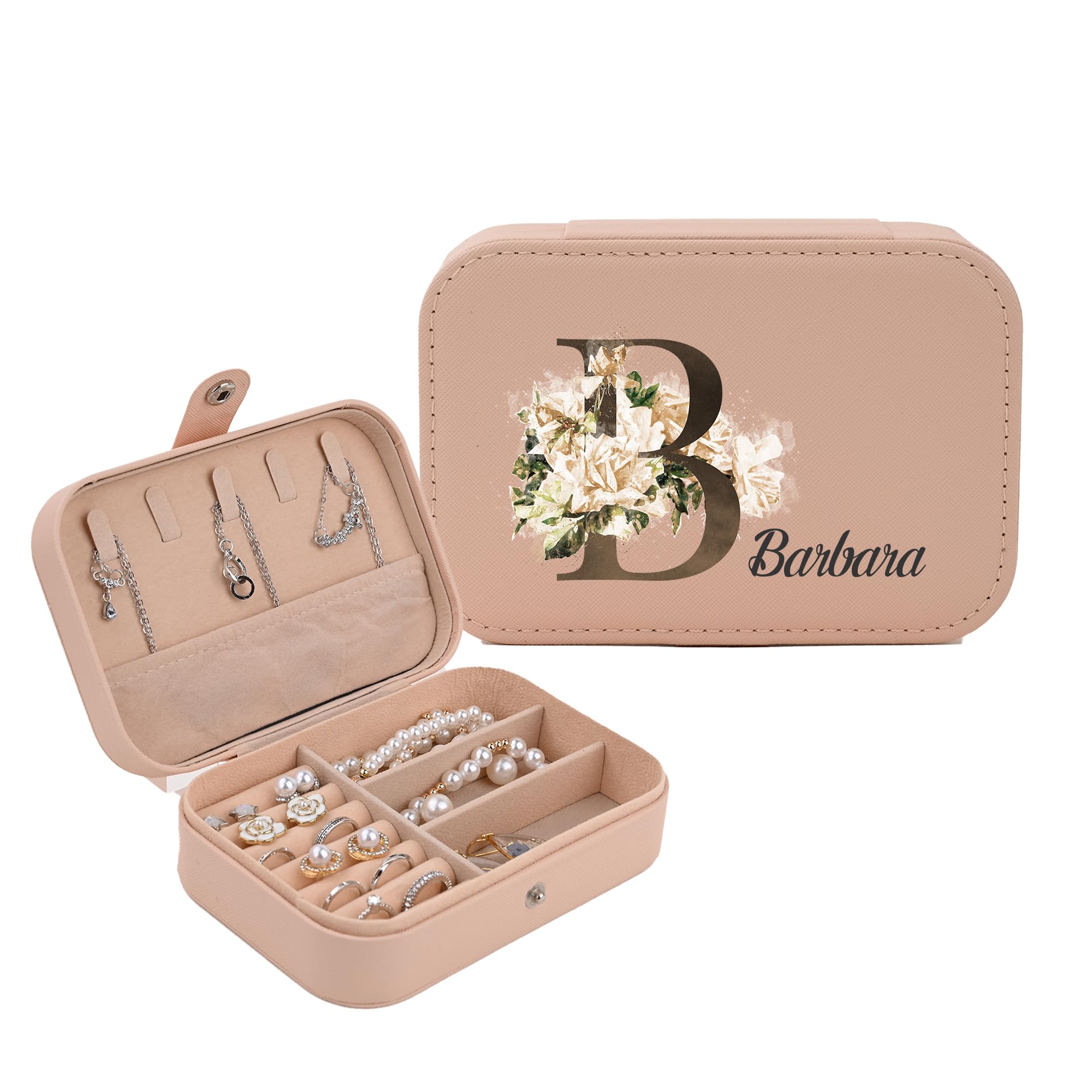Custom Jewelry Box, Customized Jewelry Organizer Box w/Name & Initials with Flowers - Birthday Gifts for Women Girls, Mom Personalized Jewelry Travel Case Bachelorette Party Favor, Rectangle