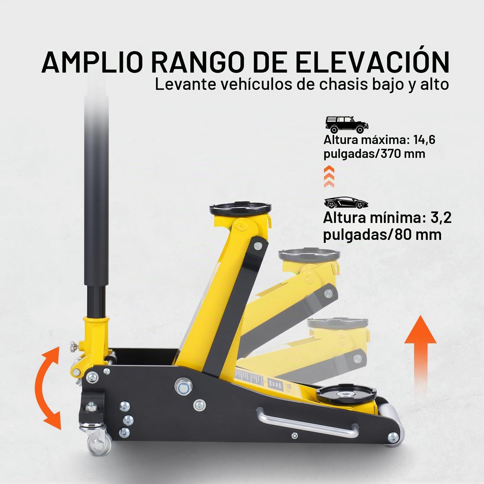 VEVOR Gato Hidráulico de Piso de Perfil bajo de 2 Toneladas, de Aluminio Resistente, para Carreras, con Bomba de Elevación Rápida de Doble Pistón, Rango Elevación de Altura de 80-370 mm(Amarillo)