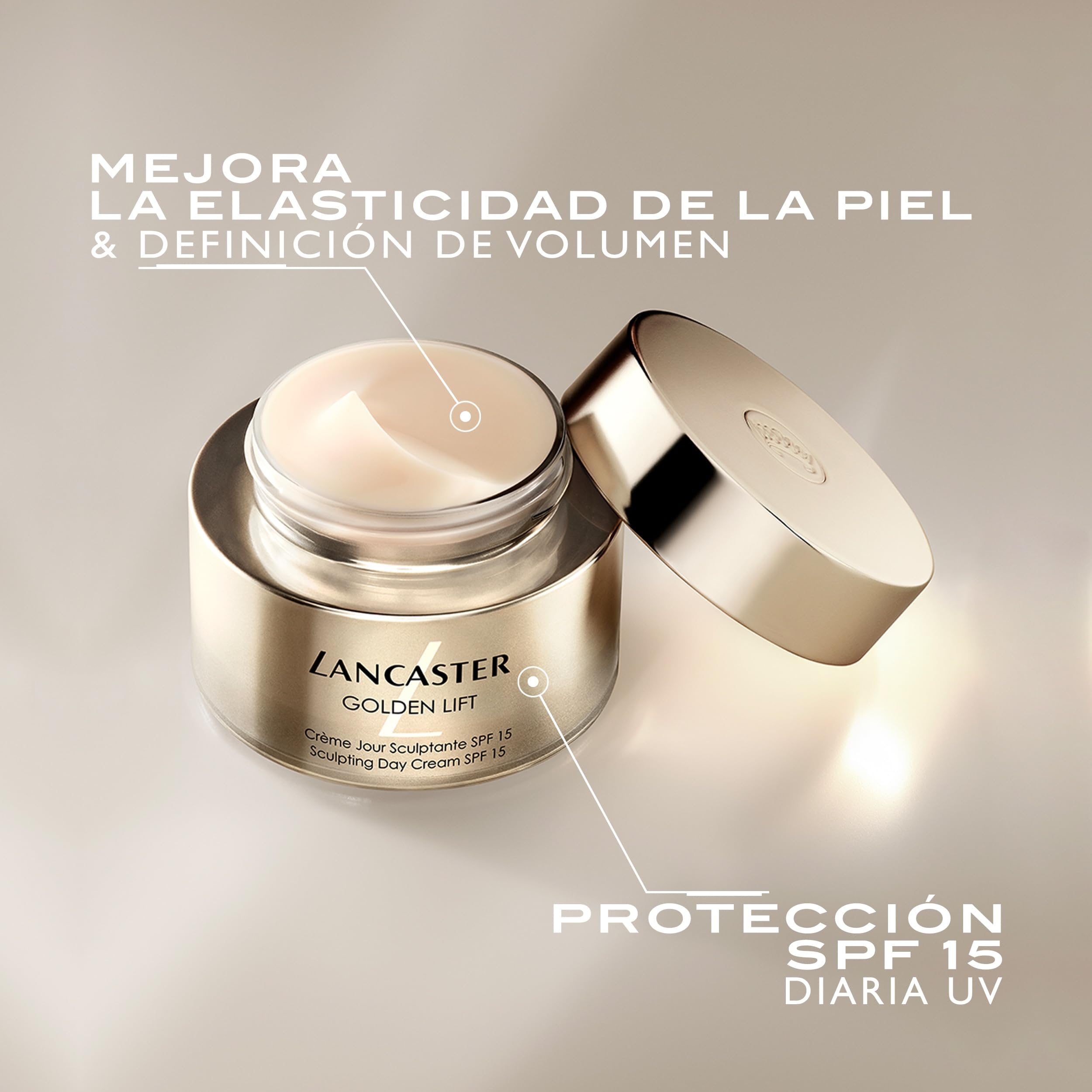LANCASTER Golden Lift Sculpting Day Cream | Crema facial de día antiedad con protección solar SPF15 y especial para revertir el fotoenvejecimiento | Para todo tipo de pieles | 50 ml