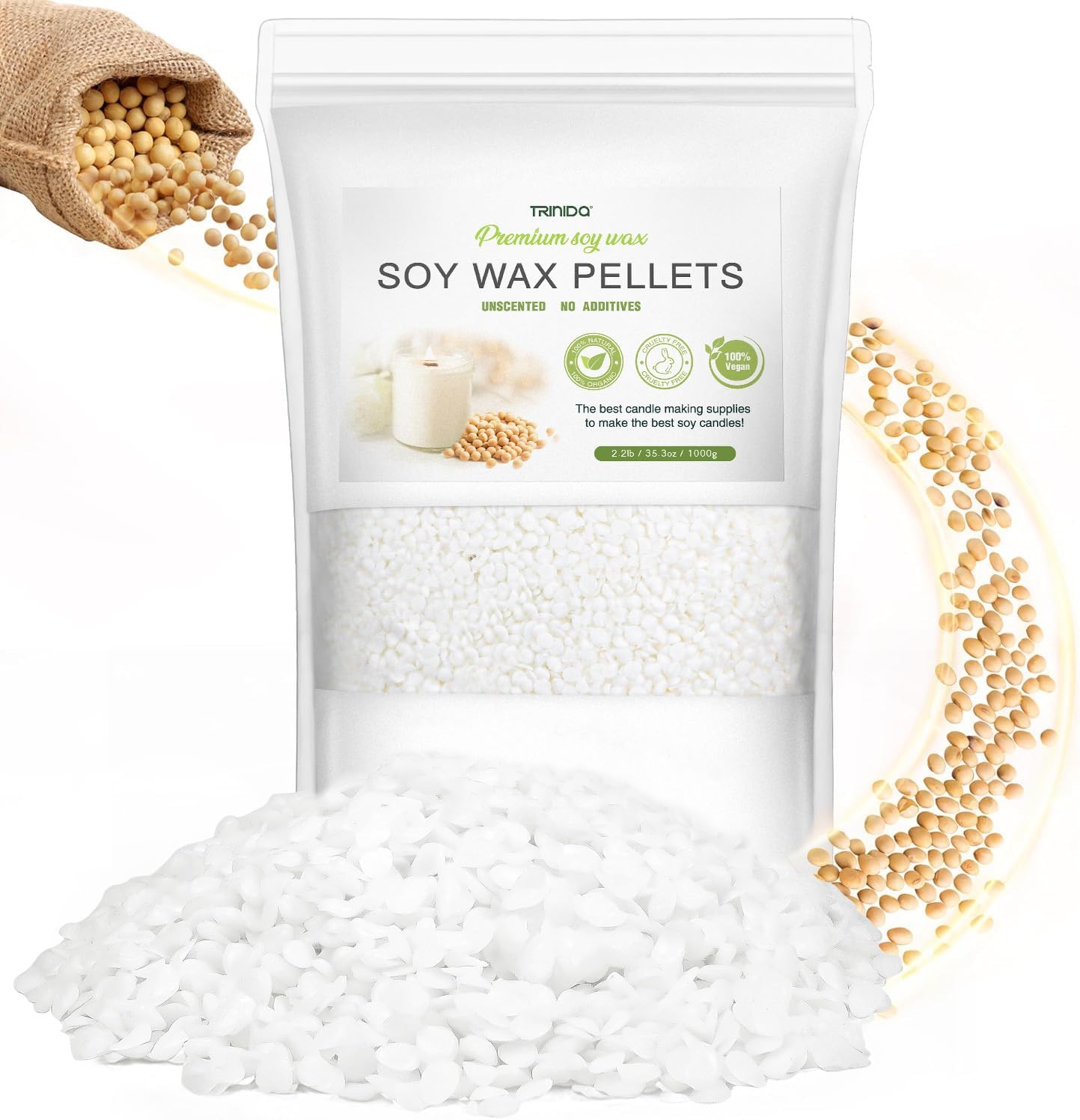 TRINIDa Soy Wax for Candle Making, 1KG SoyPRO Candle Wax Pellets, 100% Soy Wax Supplies of Candle Making for Adults and Beginners, Premium Pure Natural