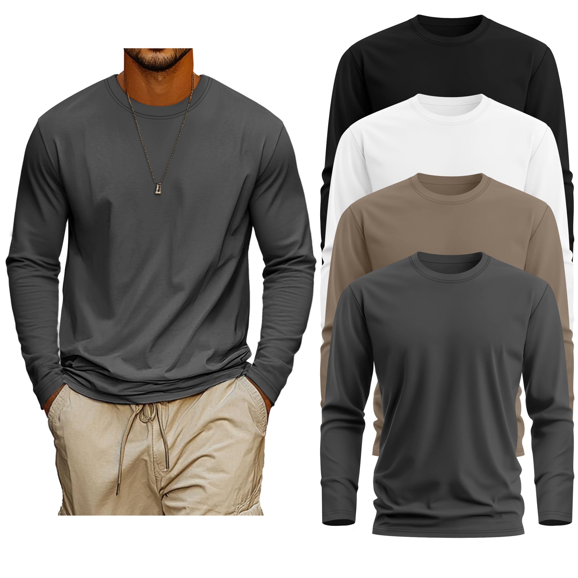 Neer Paquete de 4 Camisetas para Hombre, Tallas Grandes y Altas, 95% Algodón, Manga Larga, Cuello Redondo, Informales