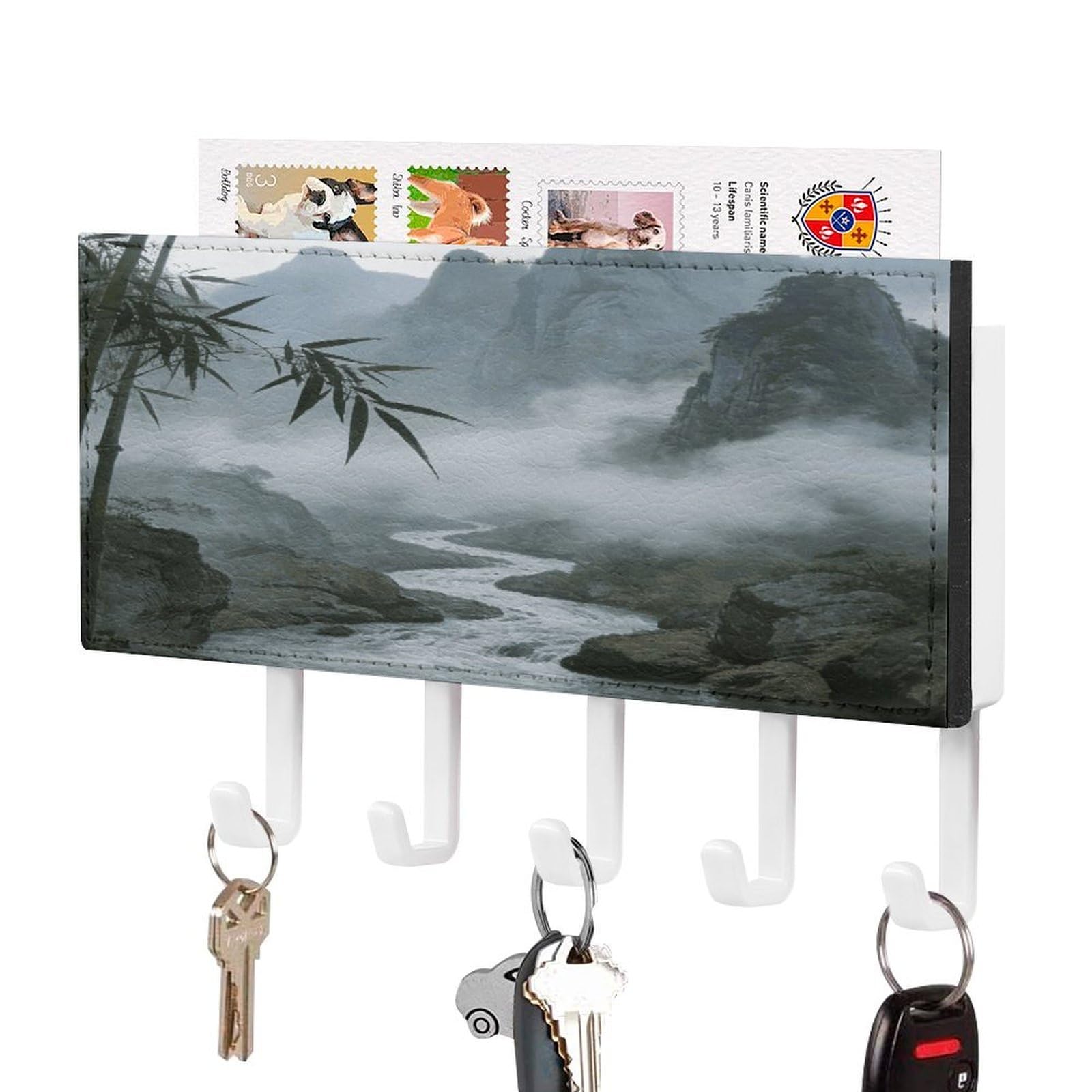 Fekiloot White-Style Rainy And Misty Return Of The Boat Key Holder For Wall Decorative Mail Organizer With 5 Key Hook Self Adhesive Key Rack With Tray Coat Rack Wall Mount Key Hanger Decor For Entryway Door