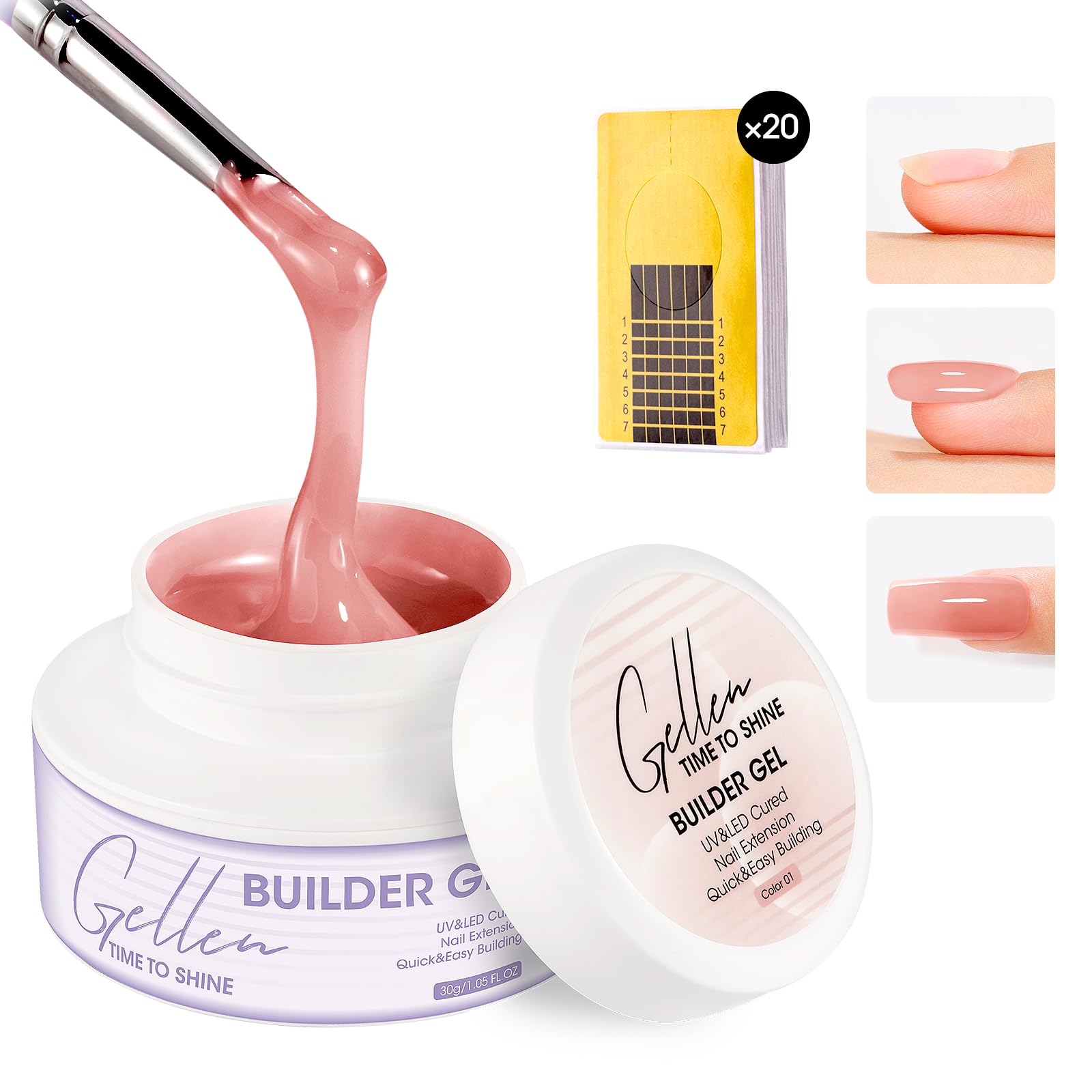 Gellen Builder Gel for Nails UV/LED Hard Gel for Nail Extensions, Sculpting & Overlays Apex 30g 01 Nude Pink Builder Strengthener with 20 Pcs Nails