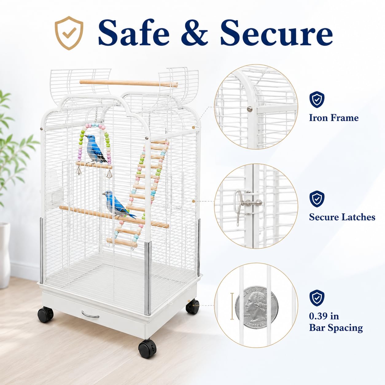 Grande cage à oiseaux avec double toit à ouverture et bol amovible, cage pour perroquet avec balançoires, armatures d'escalade, mangeoires et abreuvoirs, 48 x 45 x 95 cm (blanc)