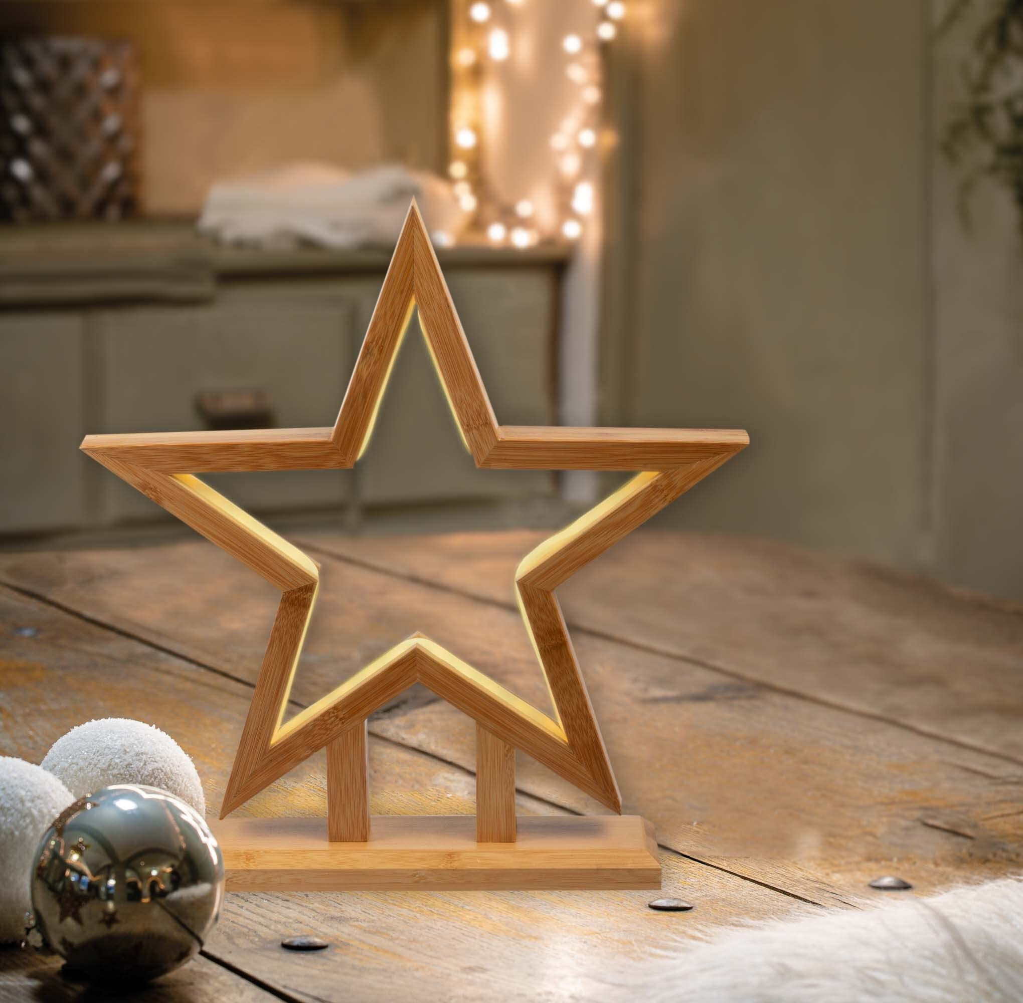 hellum LED Weihnachtsstern mt Lichtschlauch, warmweiß, 35cm, Weihnachtsdeko Innen, Kabel transparent, Bambus holzfarben, Zuleitung 3m, Weihnachtsbeleuchtung Innen 579246
