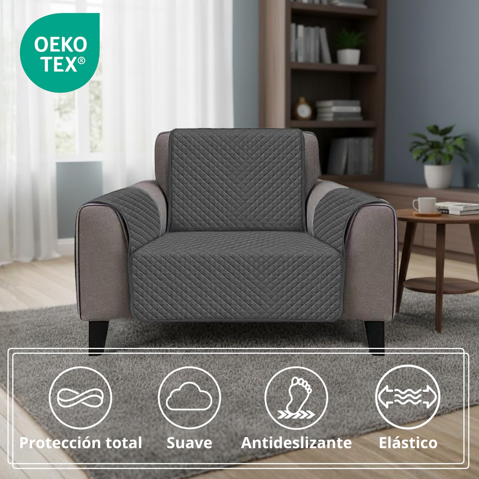 DALINA Funda de Sofá Chaise Longue Derecha (2m de Ancho Total) Impermeable y Antideslizante, Cubre Sofá Ajustable con Bolsillos, Apto para Mascotas, Resistente al Desgaste, Lavable - Gris Oscuro