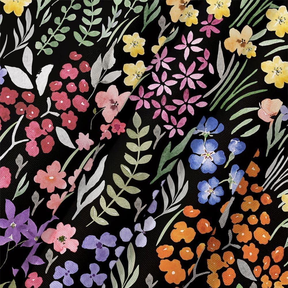 Cute Floral Shower Curtain,Boho Black Kids Watercolor Flower Fabric Spring Girls Girly Wildflower Pink Cloth Bathroom Curtains, Funky Trendy Plant Bathroom Decor Set with Hooks 72x84 Inch