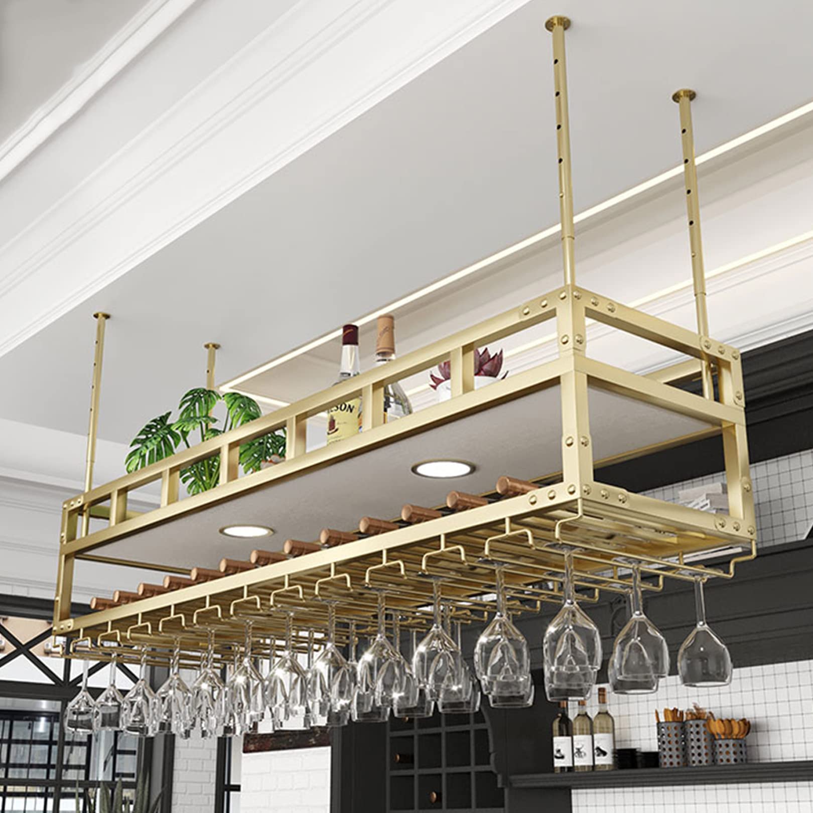 Portabottiglie da soffitto con 2 luci - Portabottiglie e portabicchieri Scaffali galleggianti Piante moderne Foto Bottiglie di vino Espositore Scaffale per cucina Sala da pranzo Home Bar