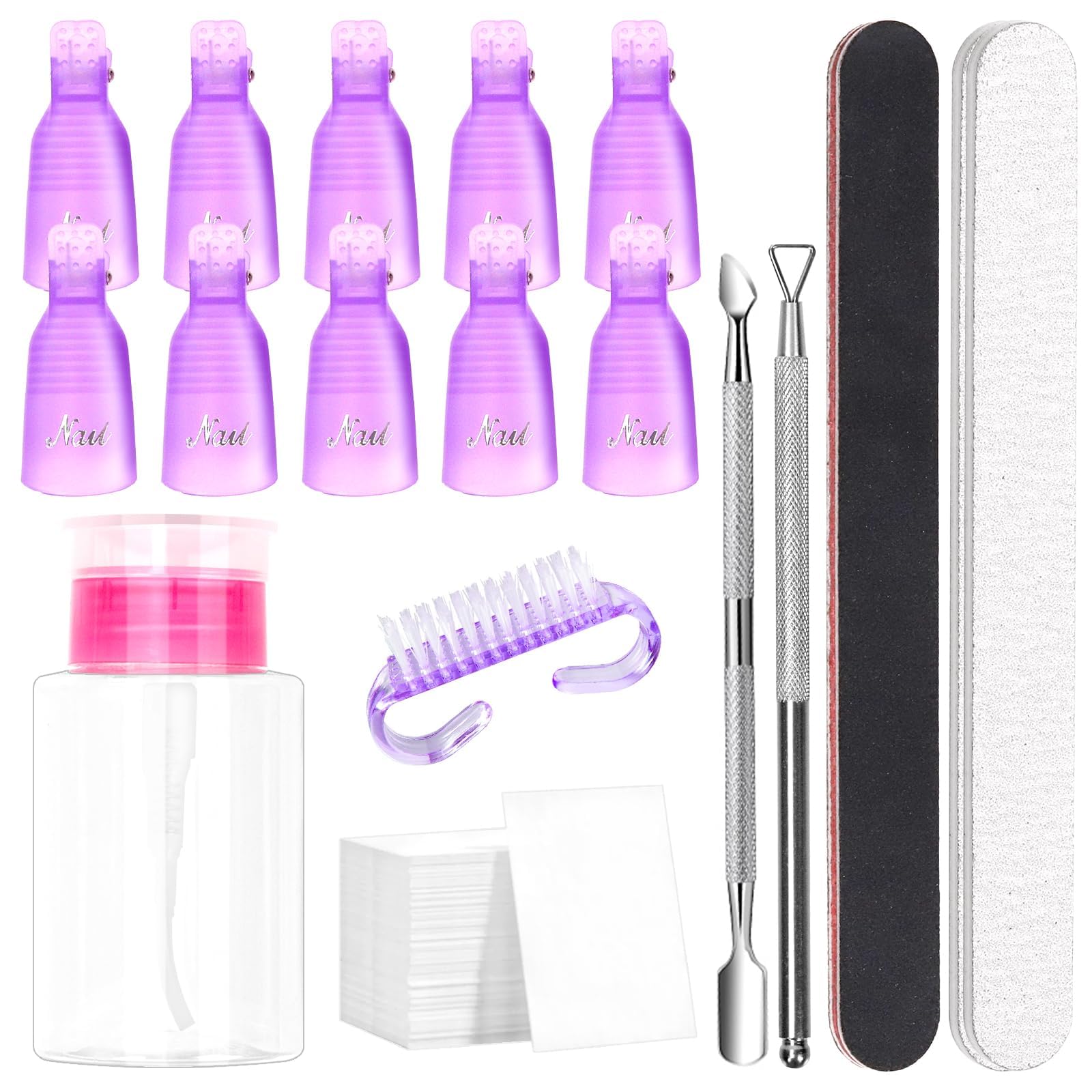 Rustark 17Pcs Gel Nail Remover Tools Kit Includes Purple Nail Remover Clips for Hands Nail Polish Remover Pump Bottle