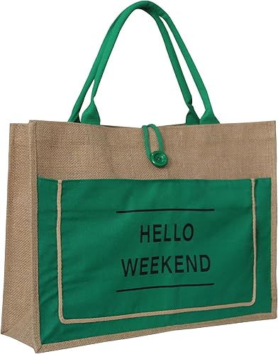 JOSSOIOJ HELLO WEEKEND Printed Custom Jute Tote Bags with Canvas Front Pocket Reusable Natural Burlap Bags disponible en Yaxa Colombia