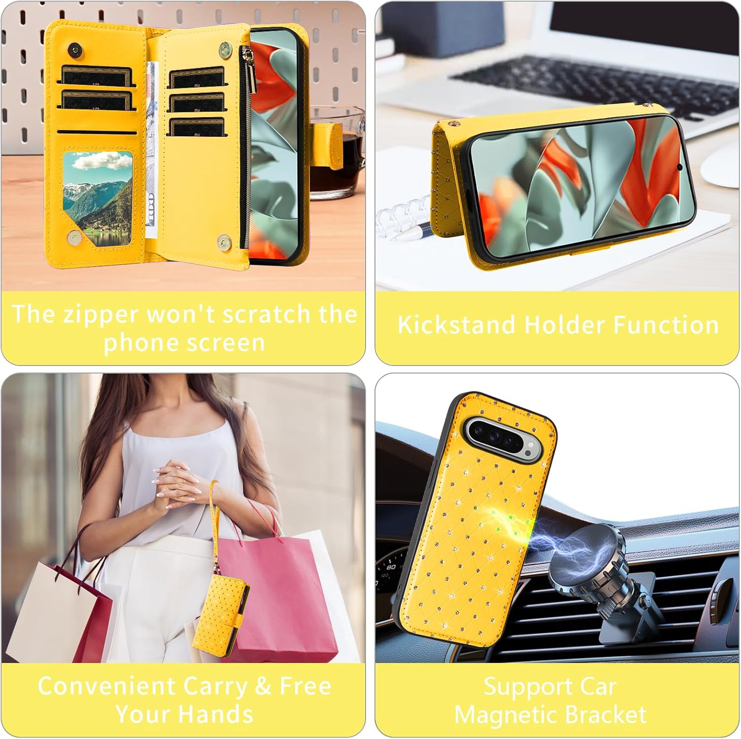Compatible with Google Pixel 9 Pro XL Wallet Case Zipper Cell Tempered Glass Screen Protector Crossbody Strap Glitter Flip Card Holder Phone Cover for Pixel9 9Pro 9ProXL Nine Women Yellow