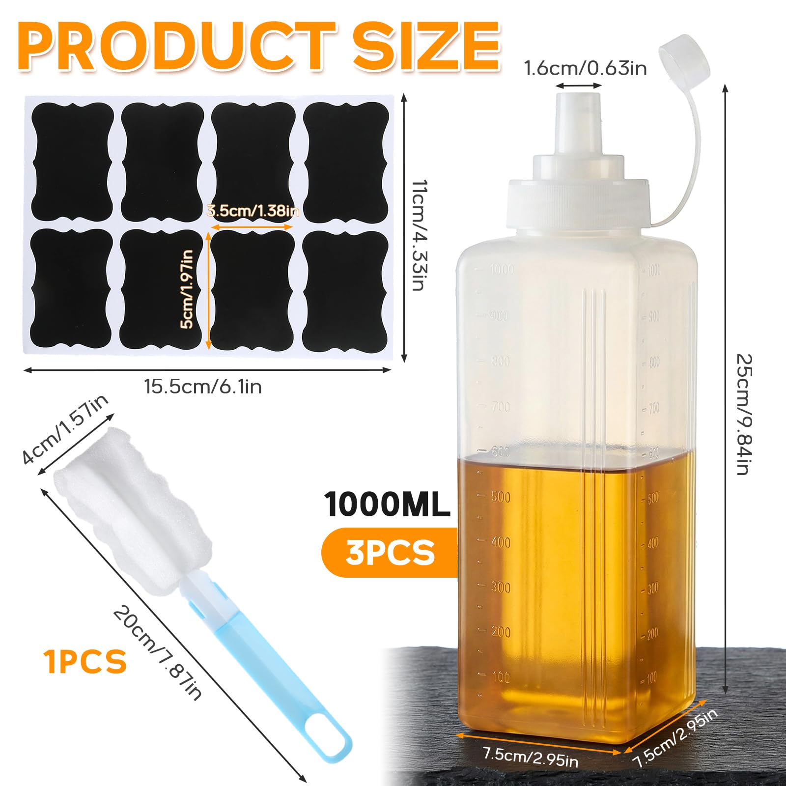 3 Stück Quetschflasche, 1000ML Breiter Mund Plastik Squeeze Flasche mit Kappen, Etiketten & Bürste, Saucenflasche Dosierflasche Kein Leck Spender für Ketchup Scharfe Soßen Olivenöl Malen