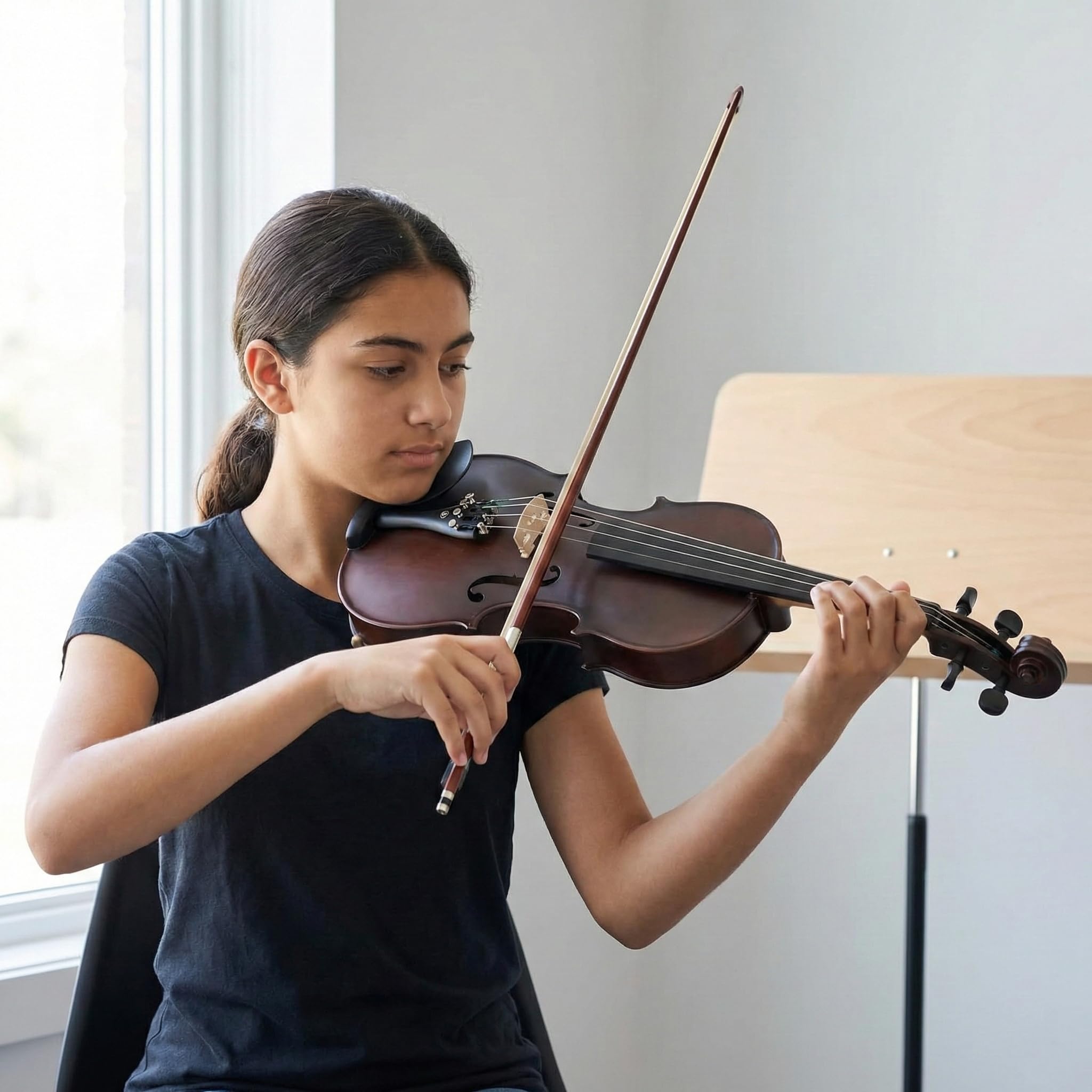 Violine 4/4, Handgefertigt aus Massiv-Fichten- & Ahornholz mit Ebenholz-Griffbrett - Komplettset mit Hartschalenkoffer, Bogen & Zubehör für Anfänger und Fortgeschrittene