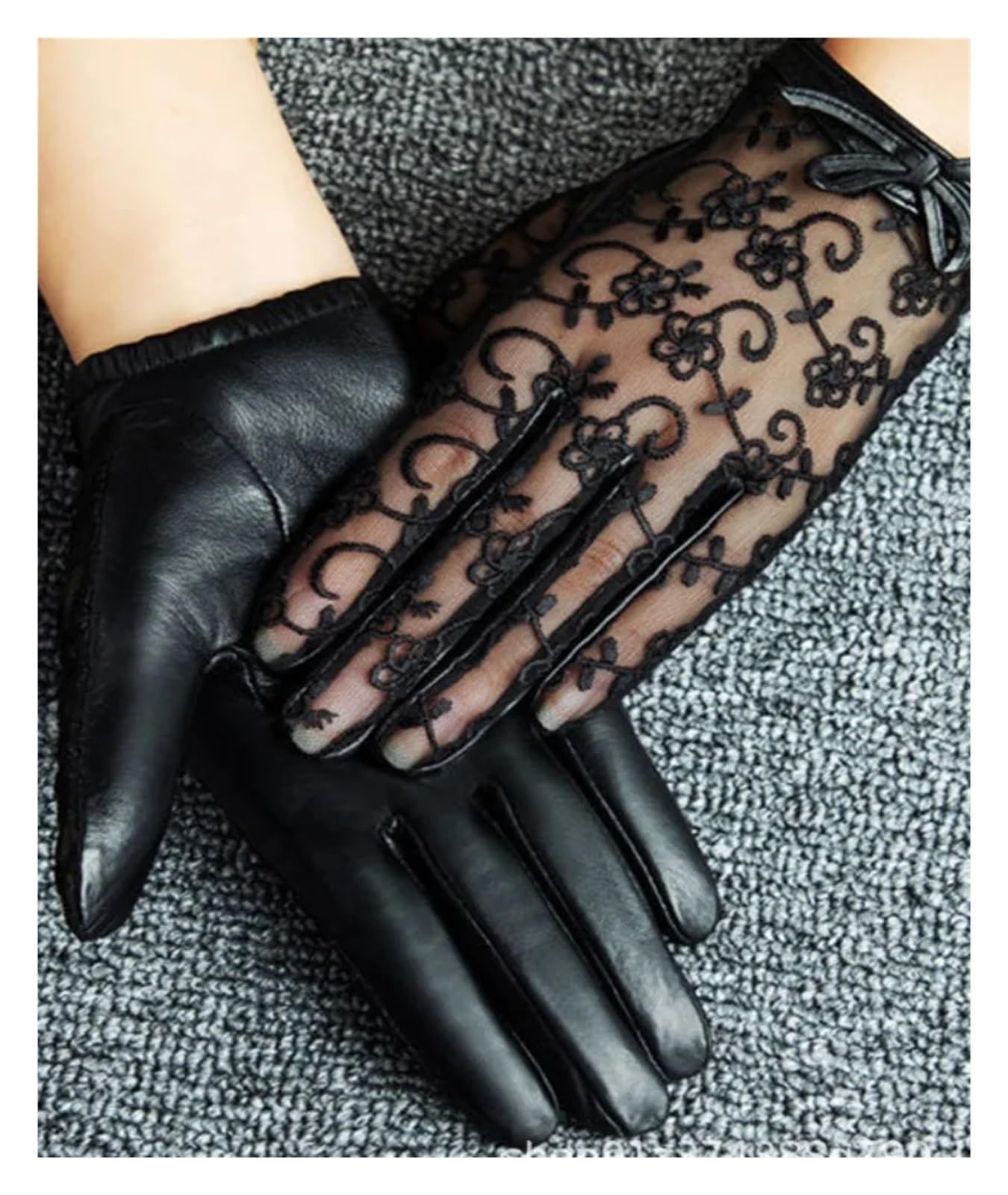 Women Breathable Patchwork Flower Lace Genuine Leather Gloves