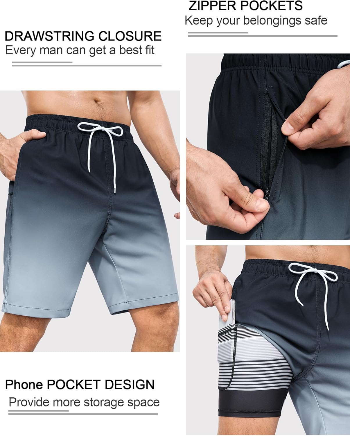 SILKWORLD Mens Swimming Trunks with Compression Liner 2 in 1 Quick-Dry 9" Swim Shorts with Zipper Pockets - Image 4