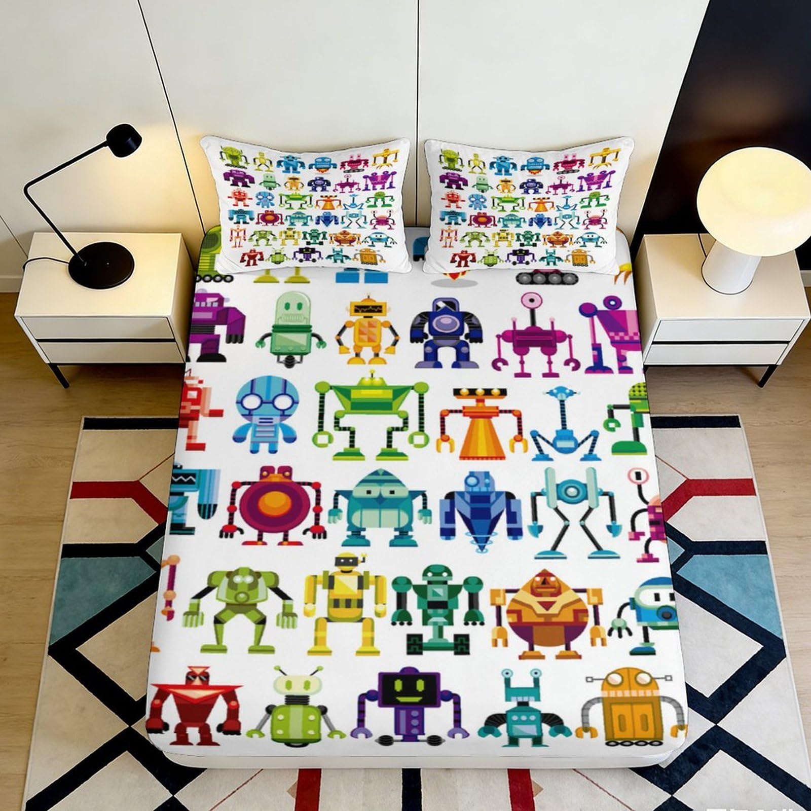 Jqzkxnhpbr Style-1 3D Printed Colorful Robot Fitted Sheet Microfiber Soft Bedroom Decor Cartoon Robot Mattress Cover For Home Guest Room 90X200x25cm
