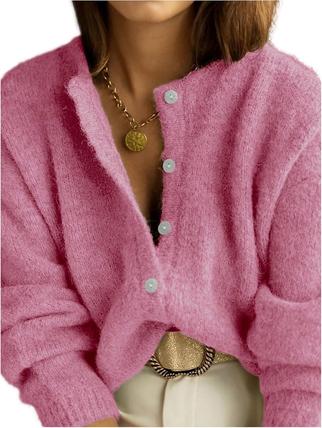 GORGLITTER Women's Button Up Knit Cardigan Trendy Long Sleeve Crewneck Cute Vintage Oversized Sweater Tops