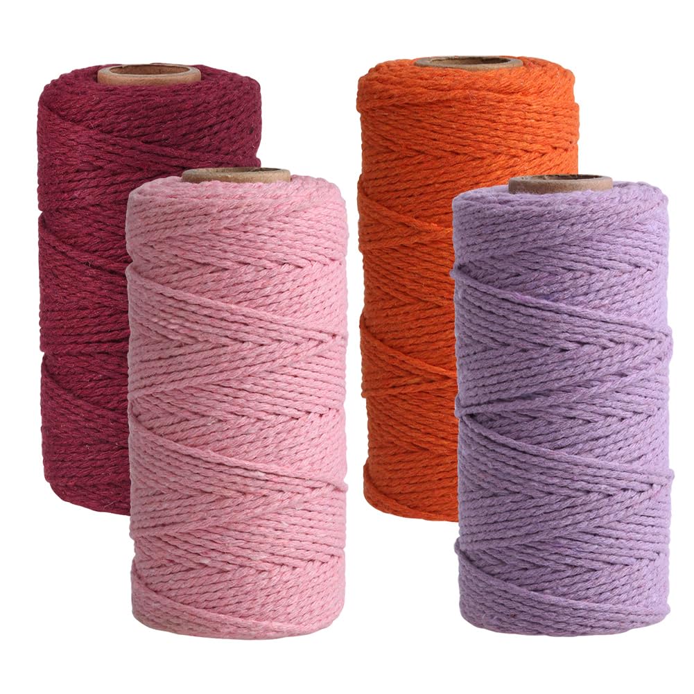 Surakey Corde Macramé 4 Rouleau/100m Cordon de Coton Ficelle Corde Fil Macramé 3mm Ficelle Tressée pour Accrochage Mural, Bricolage, Artisanat, Tricot, Décoration Boho