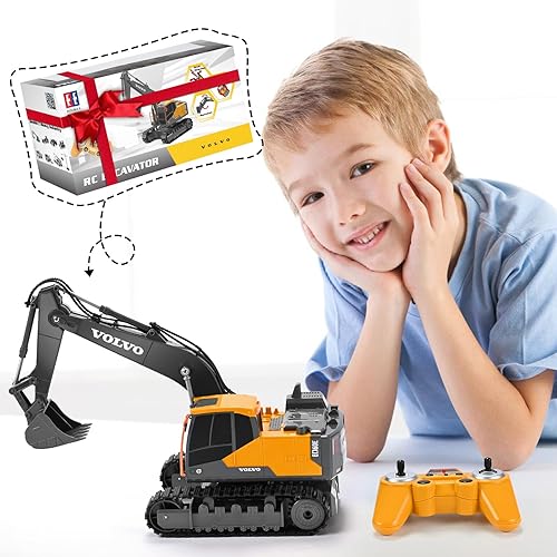 Miniatura 6 de DOUBLE E Volvo Excavadora RC Excavadora de control remoto de juguete para niños, vehículos de construcción de función completa, juguetes con pala