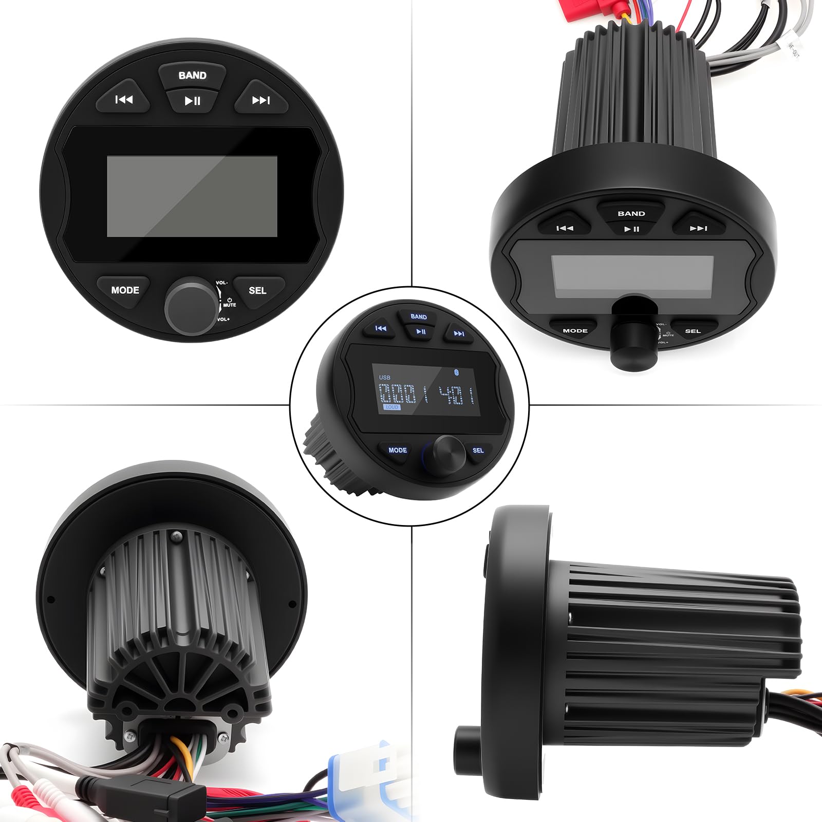Velex Pacote de alto-falante estéreo marítimo Bluetooth, MP3 USB AM FM Marine Stereo - 2 alto