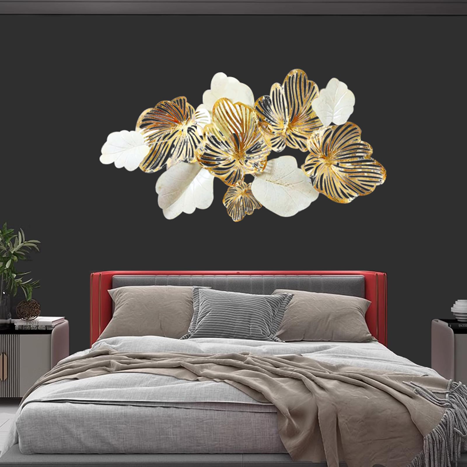XIMSPHY 3D Ginkgo Leaf Metal Wall Decor, Handmade Ginkgo Leaves Wall Hanging Decoration, Gold Wall Art Sculpture for Living Room Dining Room Bedroom Office Hotel (Gold-160cm)