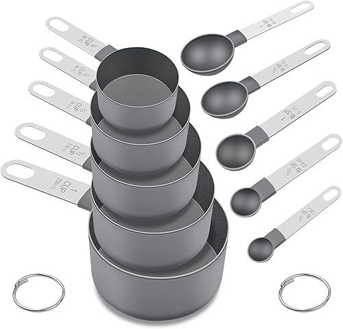 Miniatura 9 de Juego de tazas y cucharas medidoras, 10 piezas de herramientas de medición anidables, accesorios esenciales de cocina con mango de acero inoxidable
