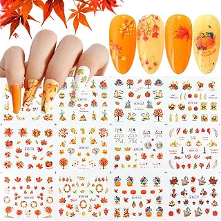 Maple Leaves & Pumpkin Nail Stickers, 12 Sheets Water Decals for DIY Thanksgiving Day Manicure Decorations
