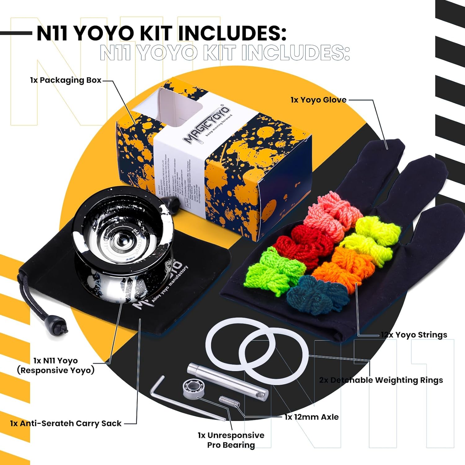 MAGICYOYO N11 Responsive Yoyo for Kids 8-12, Professional Yoyo for Adults, Metal Unresponsive Trick Yo Yo with Glove, Yo-yo Strings, Bag & Bearing Kit (Black Silver)