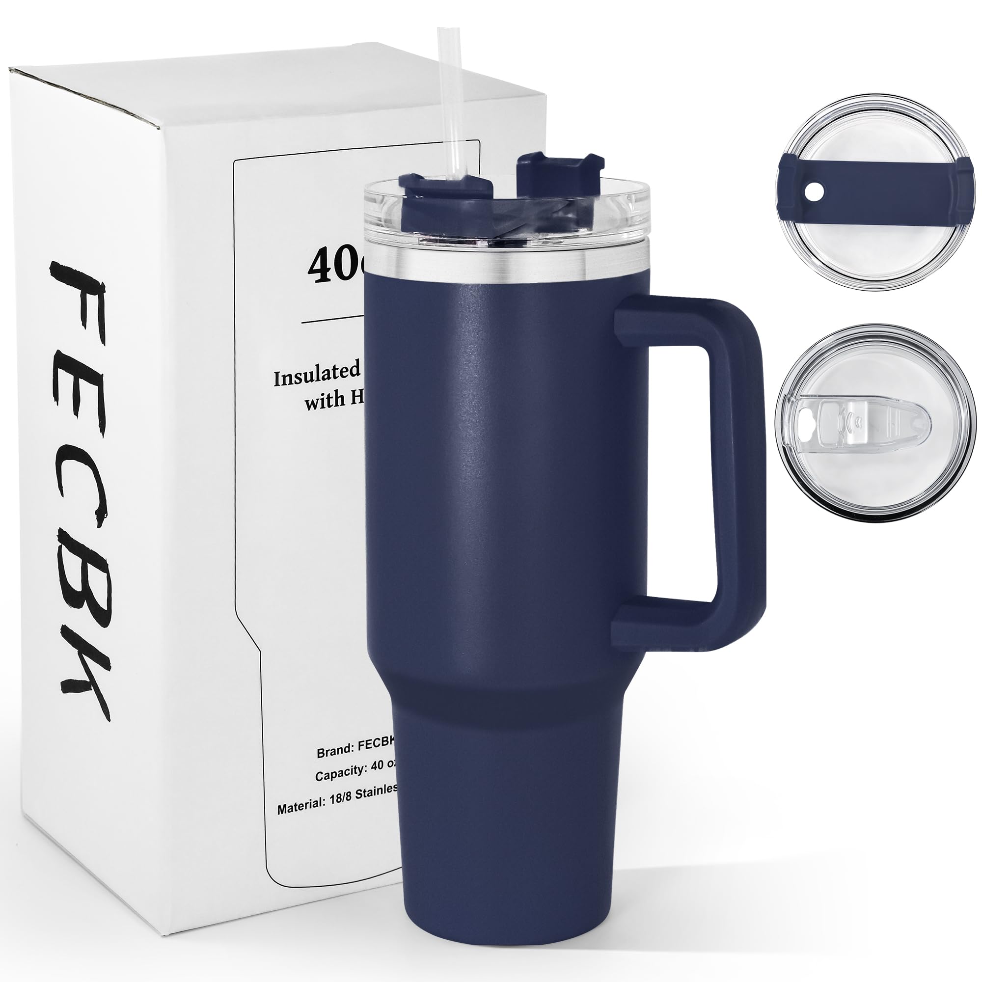 Thermobecher mit Henkel und 2 Strohhalm-Deckeln 1,2L, Marineblau