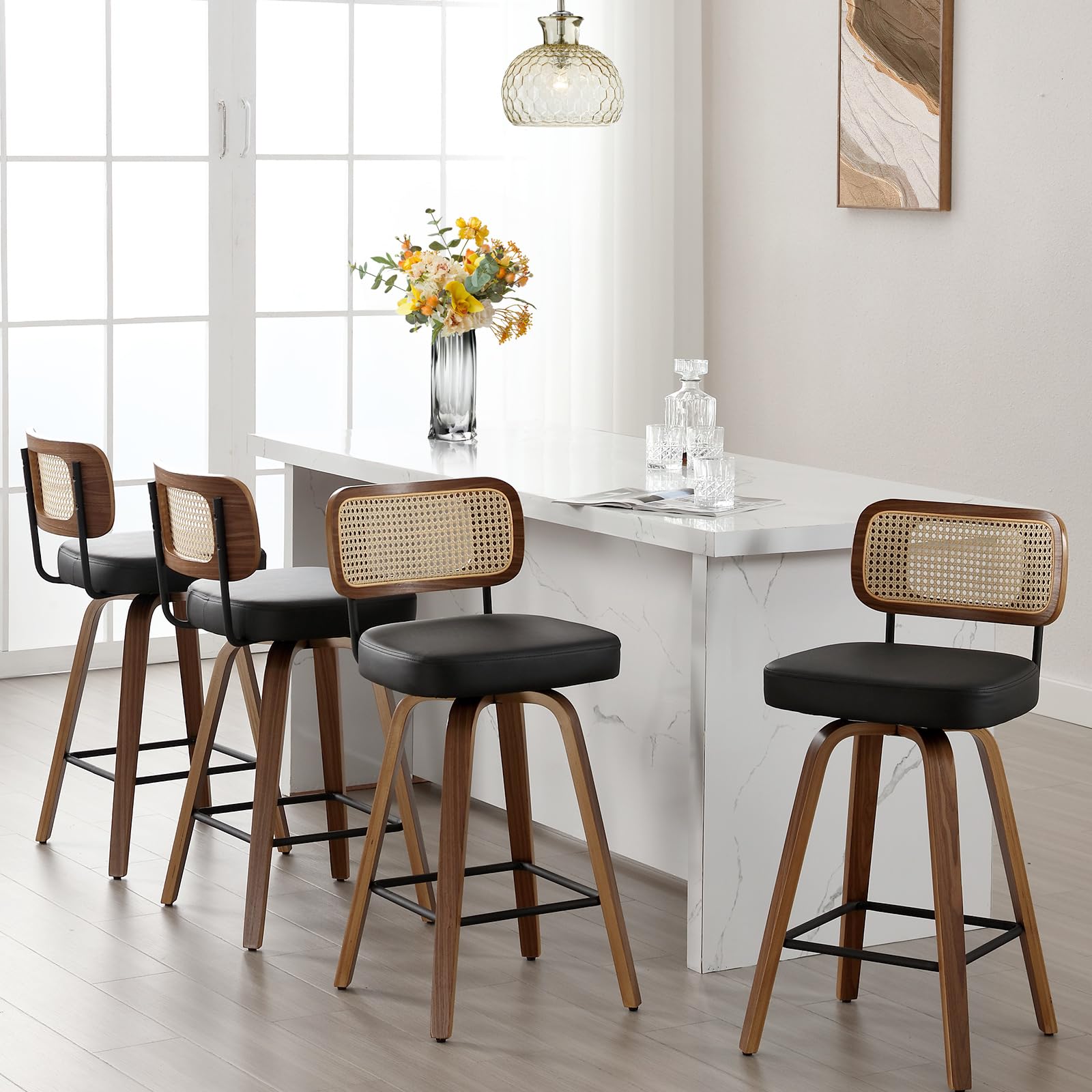 Bekrvio Swivel Counter Height Bar Stools Set of 4, Upholstered Faux Leather Barstools with Rattan Back, 26