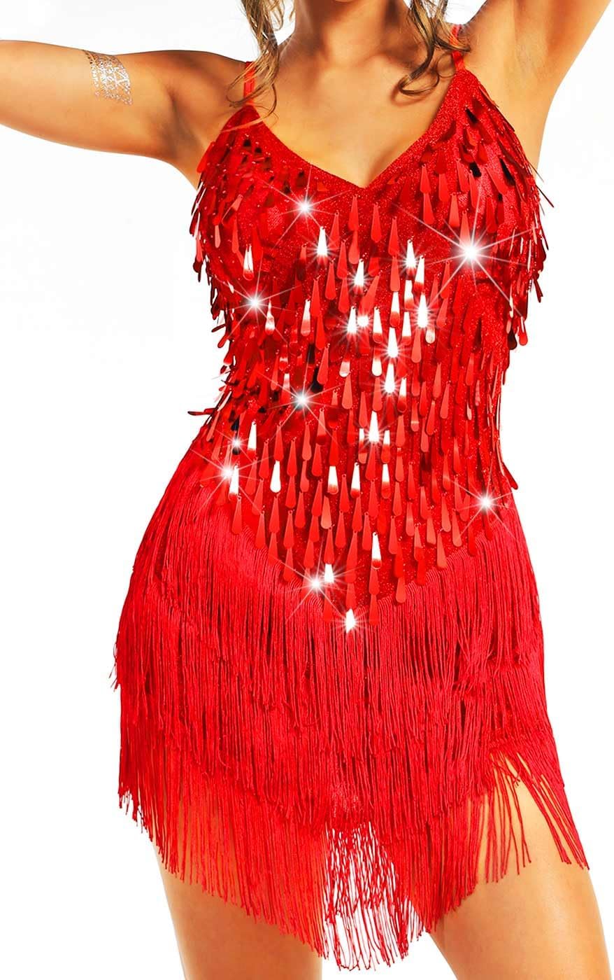 Nicute Salsa Latin Dance Dress Sequin Fringe Flapper Dress Tassel 1920s Vintage Tango Ballroom Dresses Costume for Women