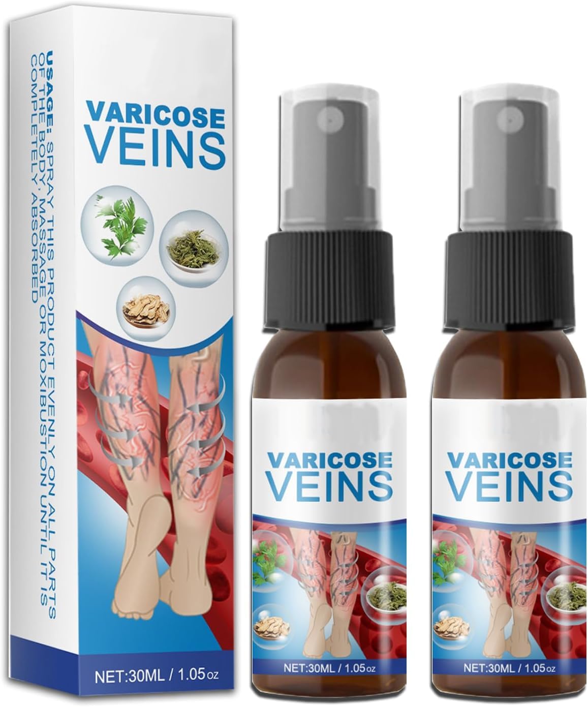 Azonee Varicose Veins Miracle Spray, Vein Healing Treatment Spray, Leg Vein Healing Varicose Veins Treatment Spray, Improves Blood Circulation, Soothes Spider Veins, Relieves Leg Tiredness (2Pcs)