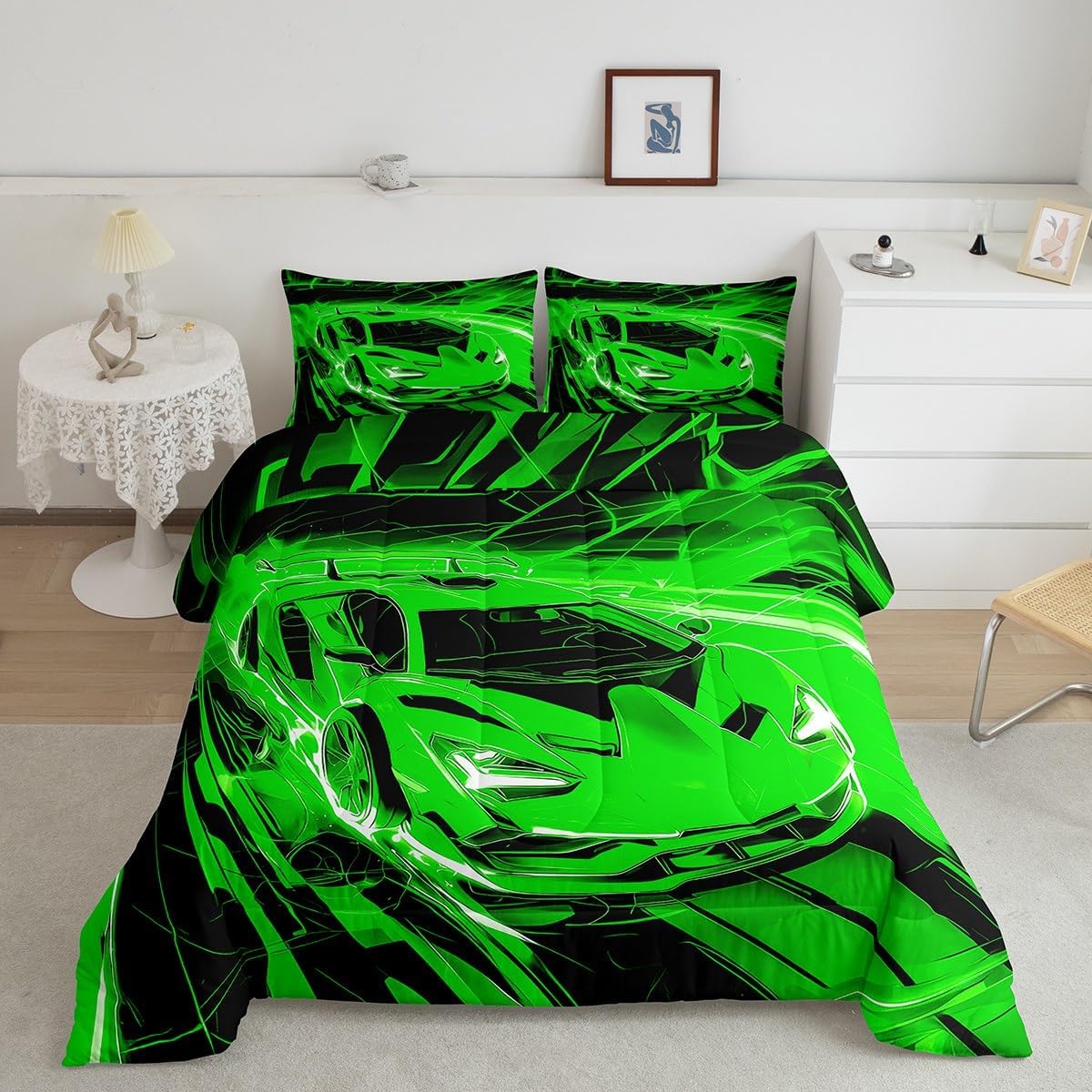 jejeloiu Green Race Car Comforter Set Queen Size Extreme Sports Theme Bedding Set for Boys Men Adults Teens Cool Speed Gaming Duvet Quilt Room Decor