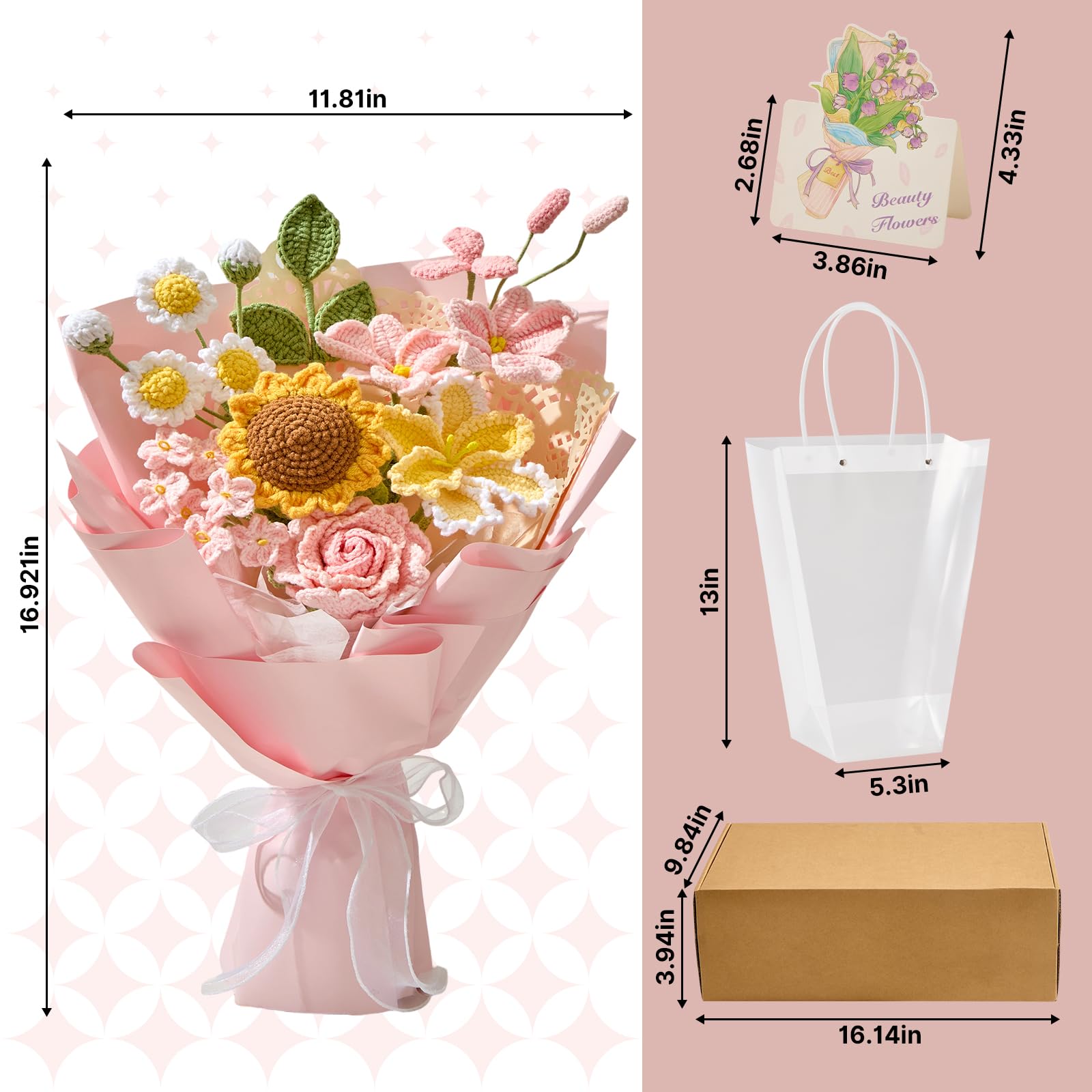 Alecono Bouquet de fleurs au crochet, roses et jaunes tricotées à la main, bouquet de roses pour la fête des mères, anniversaire, remise de diplôme, Saint-Valentin (avec carte)