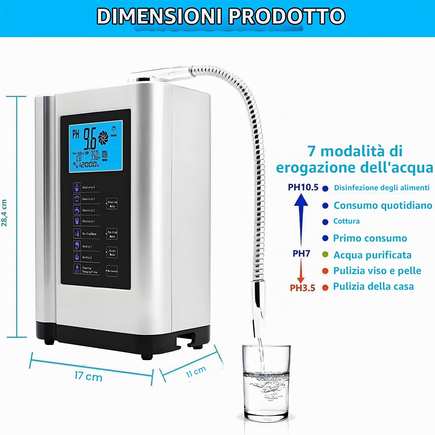 Ionizzatore per Acqua alcalina LCD da 3,8 Pollici, purificatore PH3,5-10,5, Filtro per Acqua Potabile alcalina acida Domestica, 8000 Litri per Filtro, Comando vocale Intelligente White
