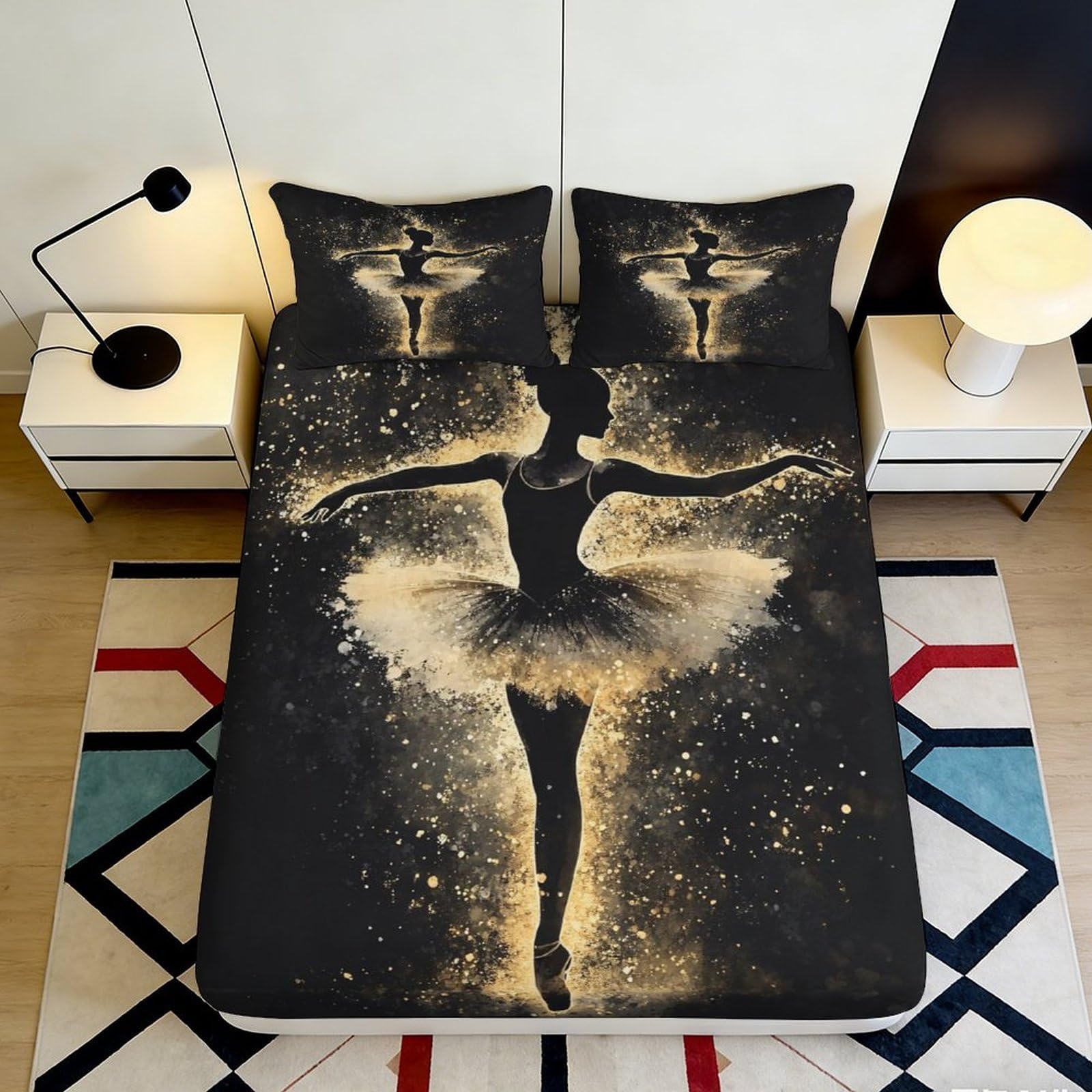 3D Printed Ballerina Silhouette Fitted Sheet Microfiber Black Gold Bed Cover Artistic Bedroom Decor Protection 90x200x25cm
