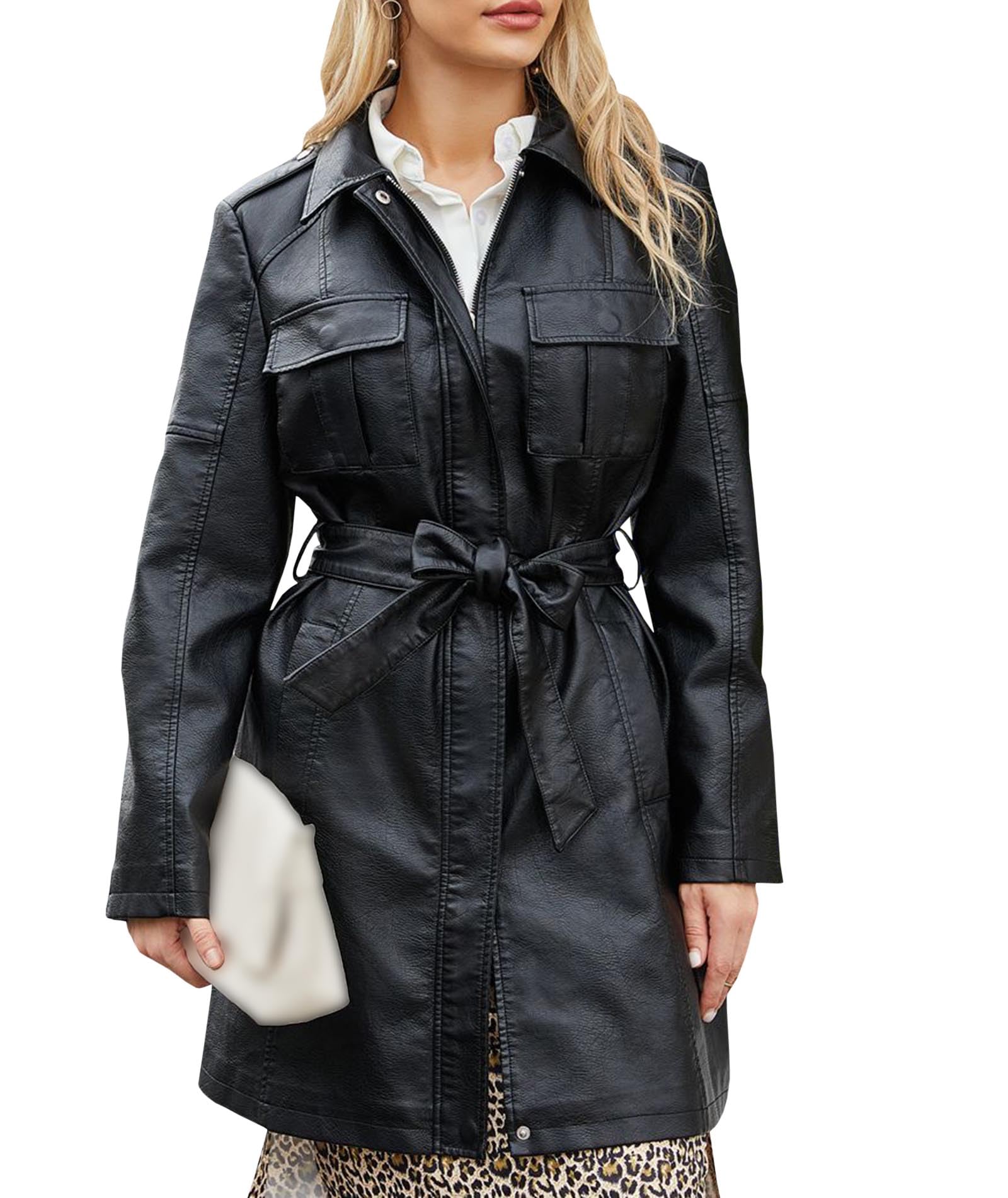 xxxiticat Damska średnia długość sztuczna skóra PU trencz płaszcz długie rękawy Zip Up Lapel długa kurtka Overcoat z paskiem