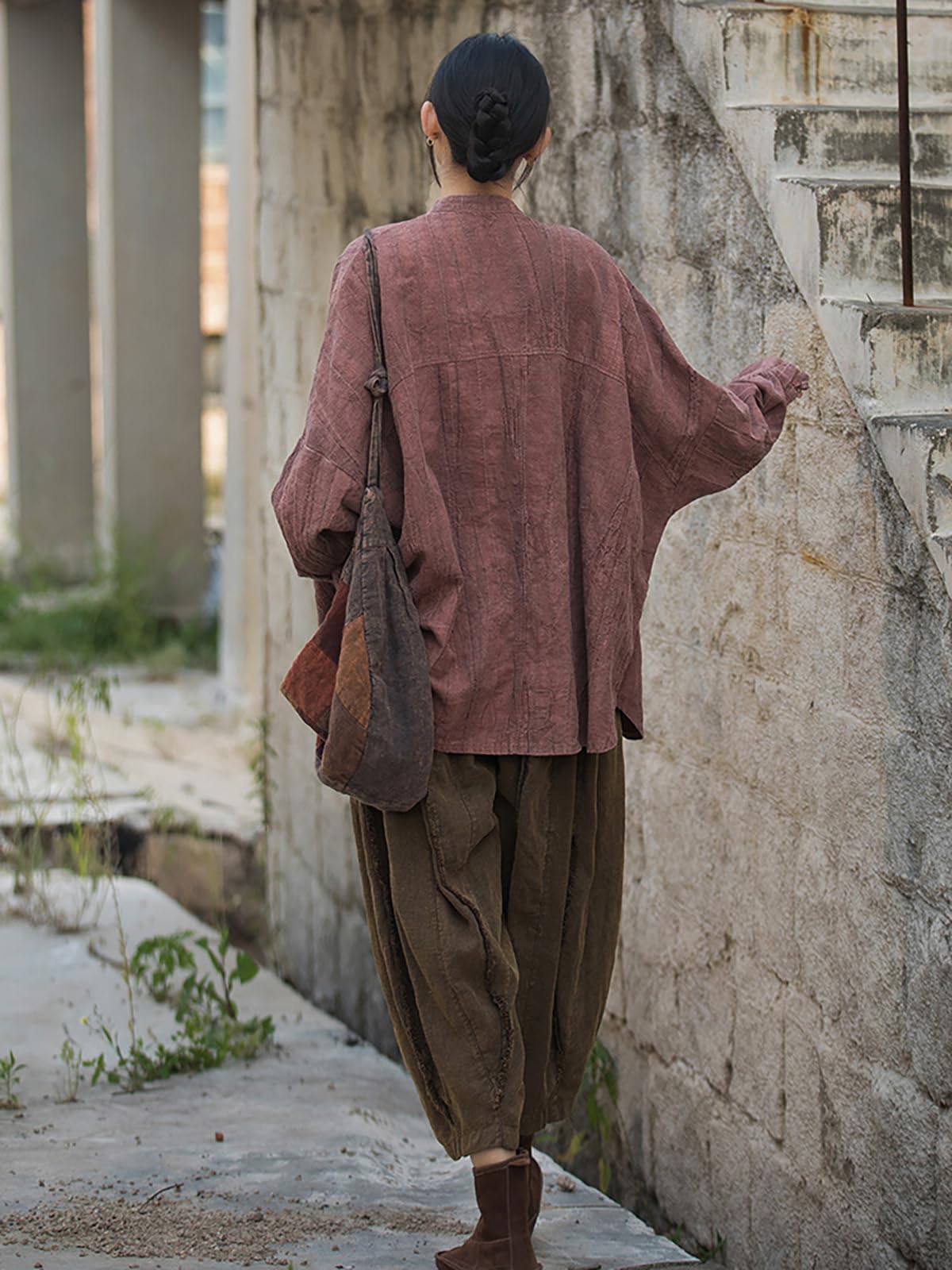 Camicie di lino da donna Camicette Oversize Kimono Vintage Giacche a maniche lunghe Vestibilità ampia Cinese Rana Pulsante Cape Trench Top