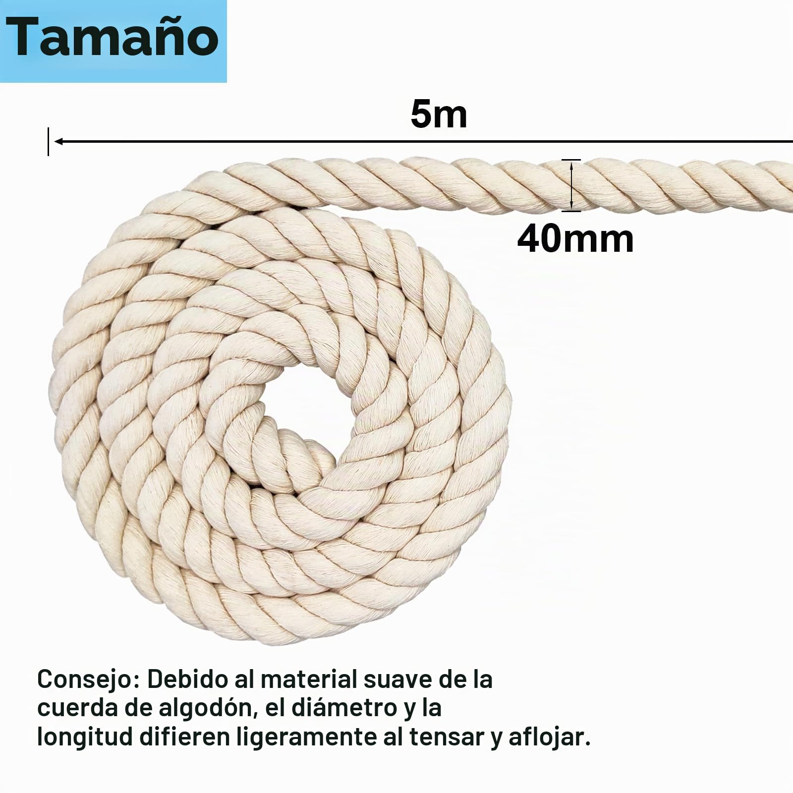 Cordón de algodón, cuerda de hilo de macramé, muchos tamaños, cuerda de algodón para manualidades, regalos (40 mm (5 m)