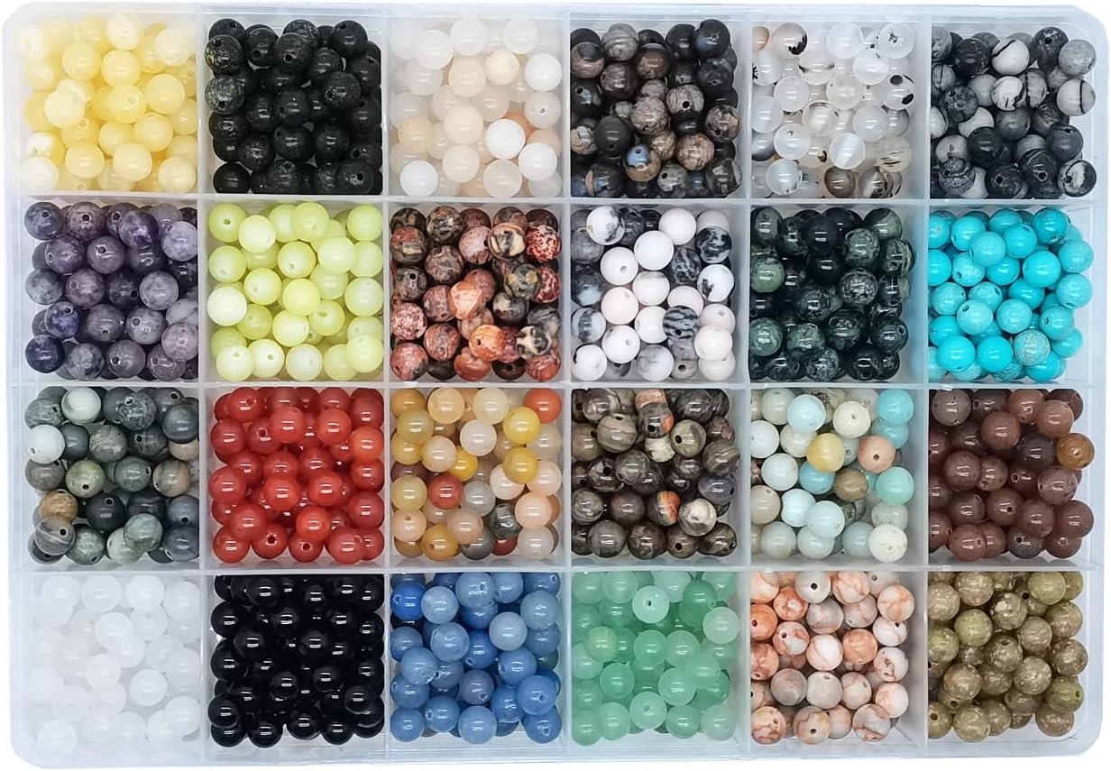 Maonewque 1200pcs 6mm Natural Round Stone Beads Real Gemstone Beading Loose Gemstone Hole Size 1mm DIY Smooth Beads for Bracelet Necklace Earrings Jewelry Making,Box Packed(24 Material -A,6mm)