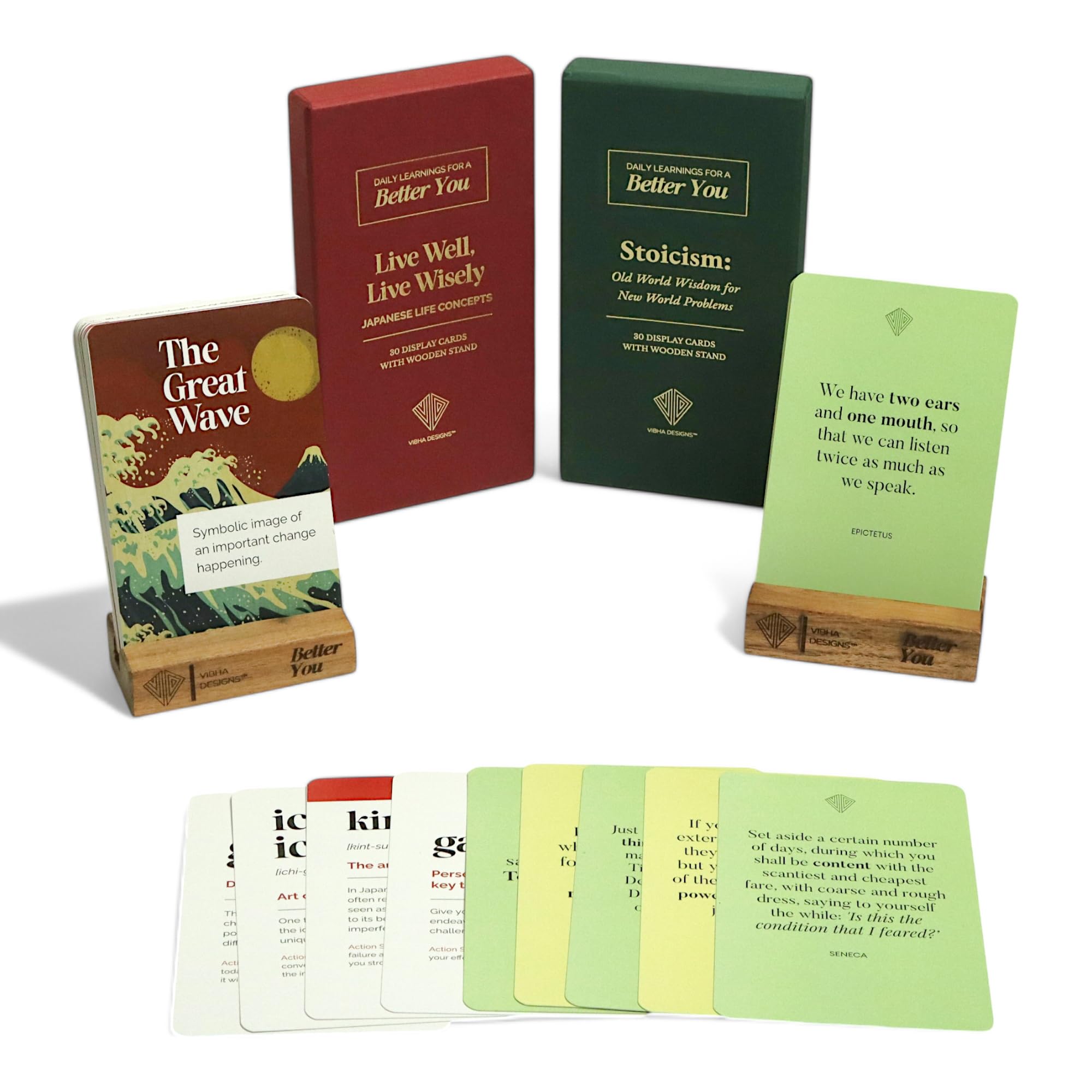 Vibha Designs Combo of 2 Japanese & Stoic Wisdom Card Sets – 60 Daily Affirmation Cards with Wooden Display Stand | Mindfulness, Growth & Transformation | Valentine’s Day Gift