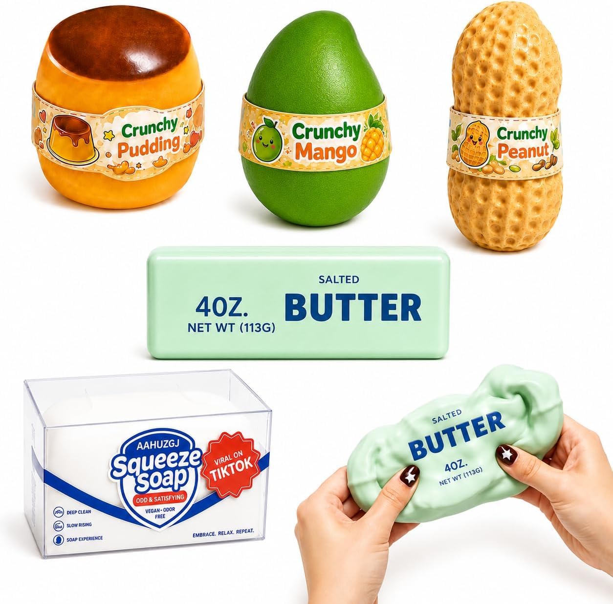 5Pcs Crunchy Squishies Set, Slow Crunchy Squishies Squeeze Stress Ball, Mango Potato Peanut Soap Pudding Asmr Squishy, Stress Calming Stick for Adults, Party Favors & Stress Relief (# 02)