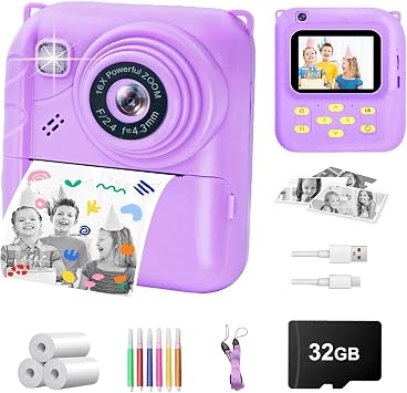 Instant Print Camera for Kids, 1080P Video Camera with 3 Print Rolls, 32GB Card & Cute Cover, Gift for Girls Boys Age 3-12, Toddler Digital Camera with Games, Filters, Music Purple