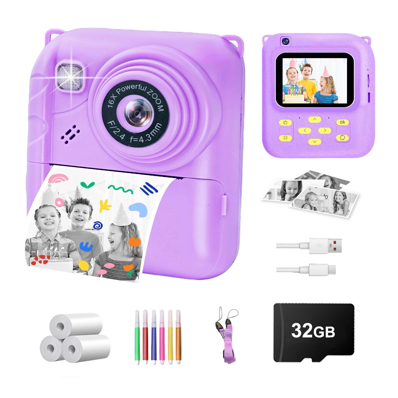 Instant Print Camera for Kids, 1080P Video Camera with 3 Print Rolls, 32GB Card & Cute Cover, Gift for Girls Boys Age 3-12, Toddler Digital Camera