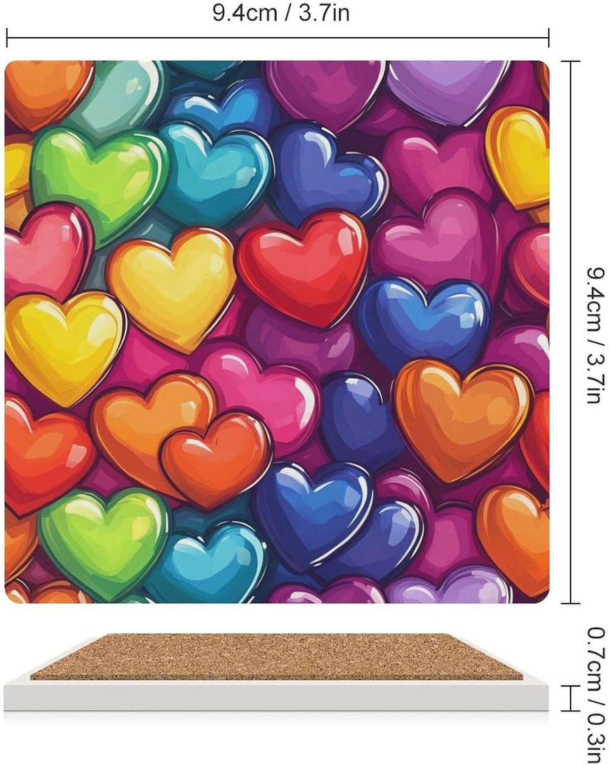 Rainbow Love Heart Ceramic Coasters Set Square Drink Coasters Table Coaster for Kitchen Desktop Decor