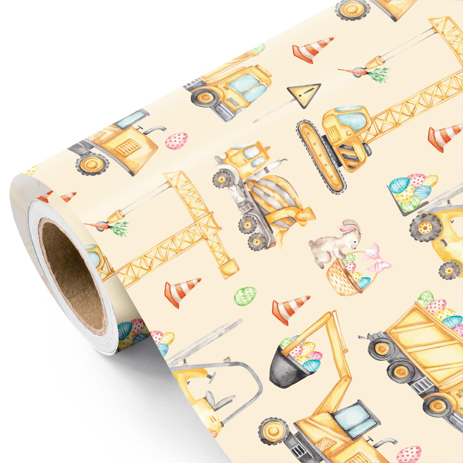 RUSPEPA Construction Easter Wrapping Paper Roll - 43.2cm x 5m - Cute Construction Truck Wrapping Paper with Colorful Eggs, Perfect for Boys Birthday, Easter, Baby Shower, Spring